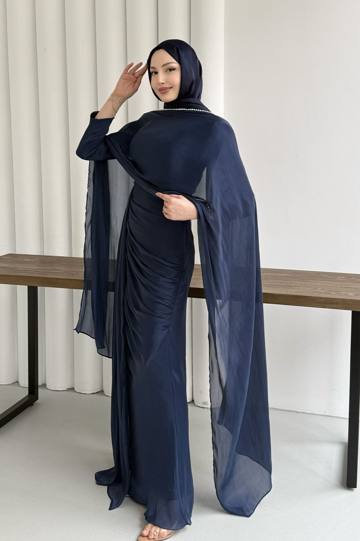 Royal İnci Fular & Şal Detaylı Tesettür Abiye-LACİVERT