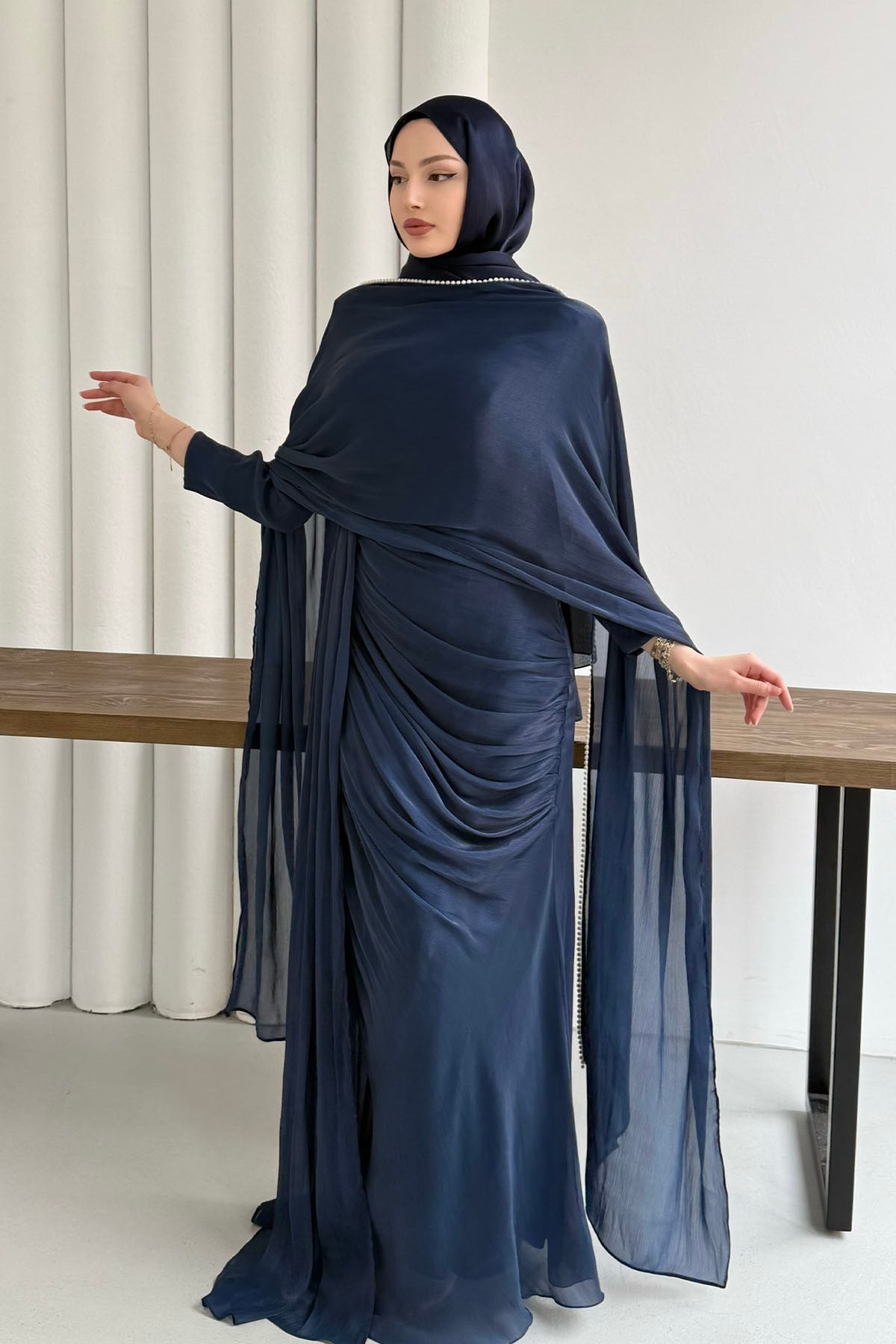 Royal İnci Fular & Şal Detaylı Tesettür Abiye-LACİVERT