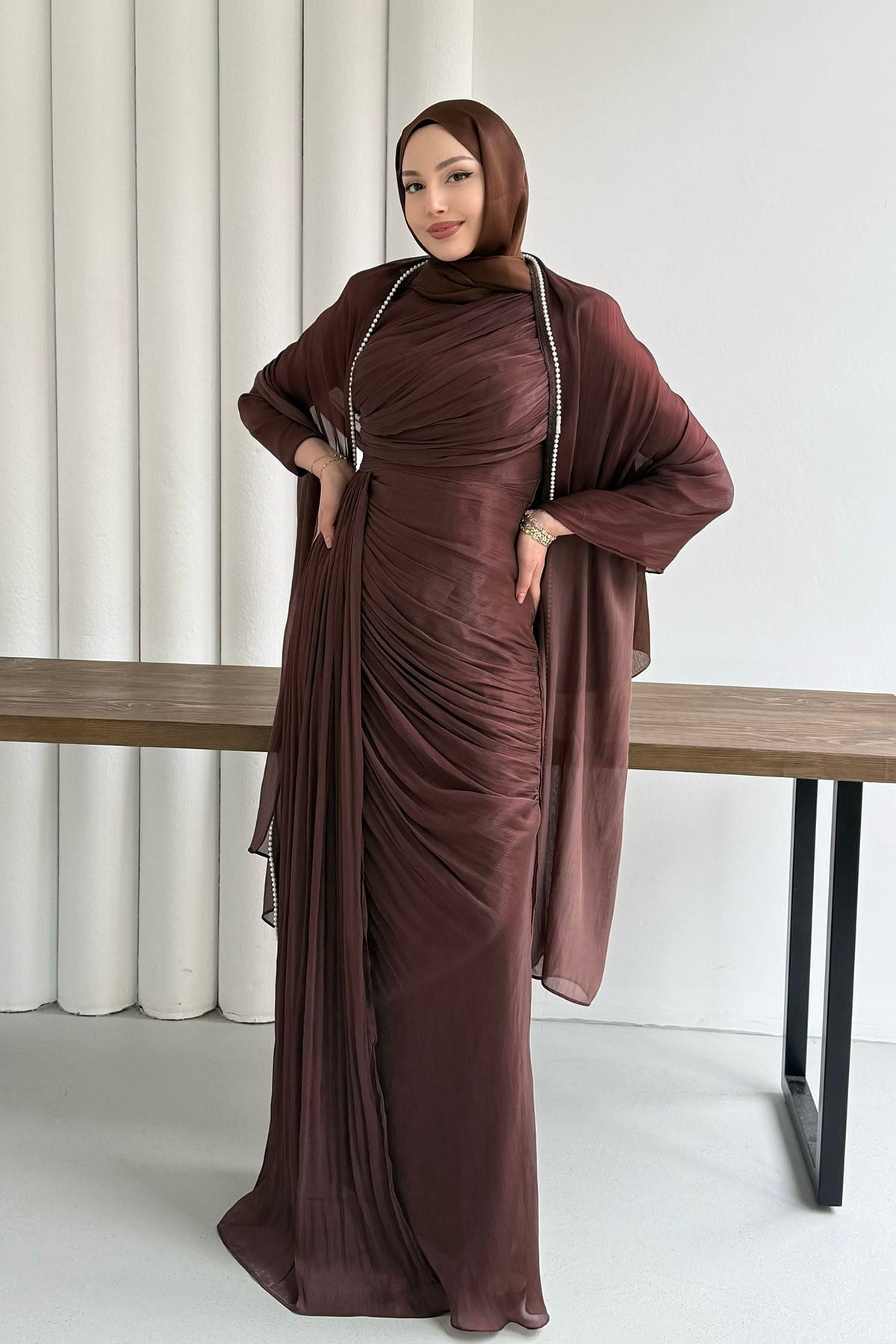Royal İnci Fular & Şal Detaylı Tesettür Abiye-KAHVERENGİ