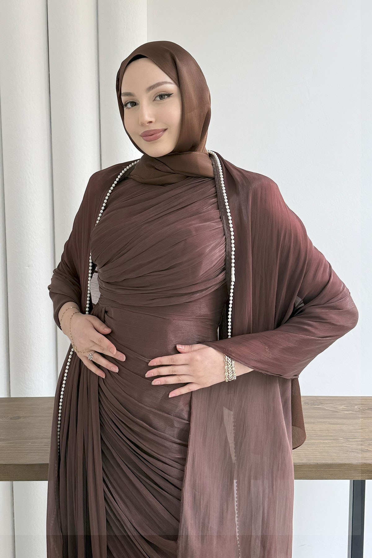 Royal İnci Fular & Şal Detaylı Tesettür Abiye-KAHVERENGİ