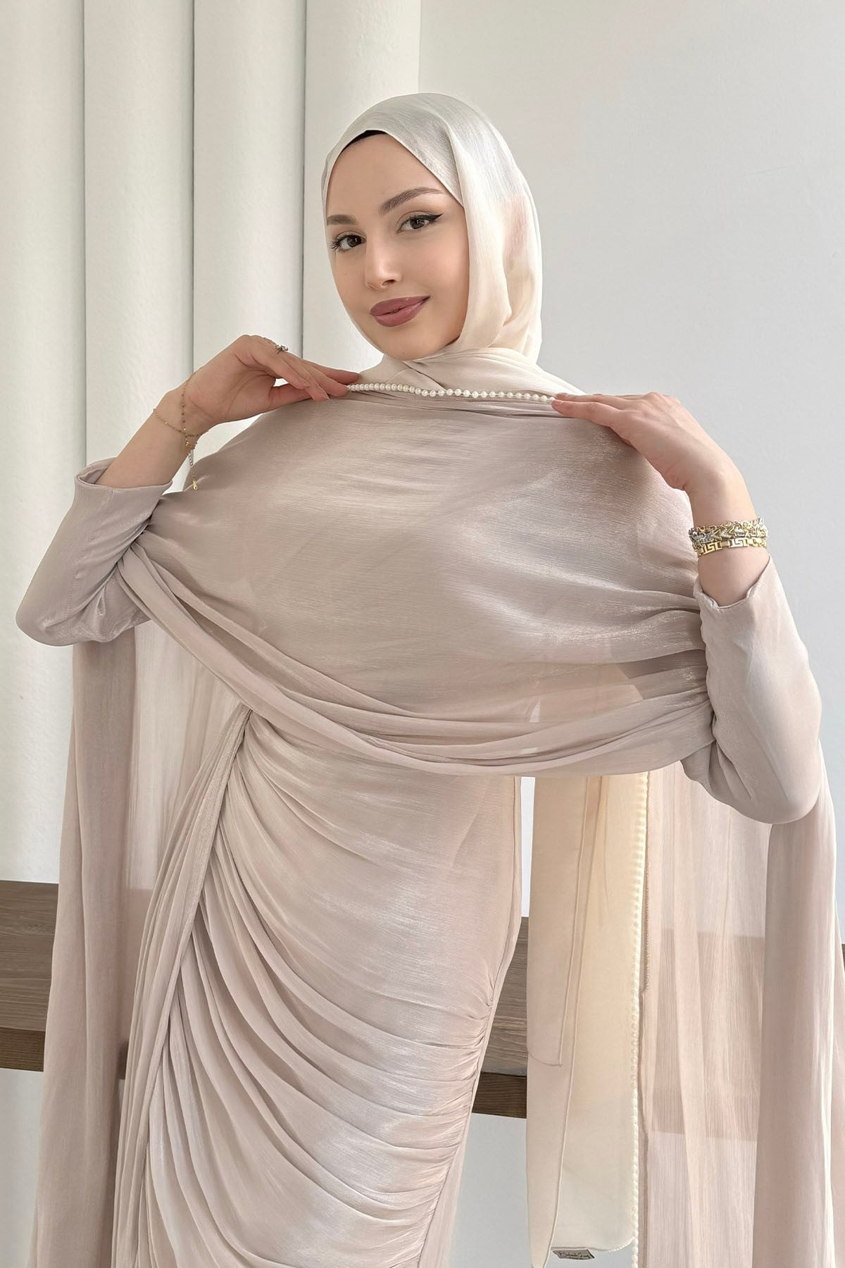 Royal İnci Fular & Şal Detaylı Tesettür Abiye-TAŞ