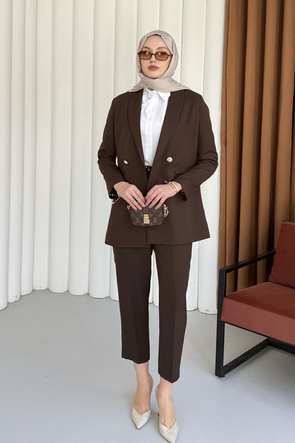 Şal Yaka Astarı Leopar Kruvaze Yaka Ceket-KAHVERENGİ