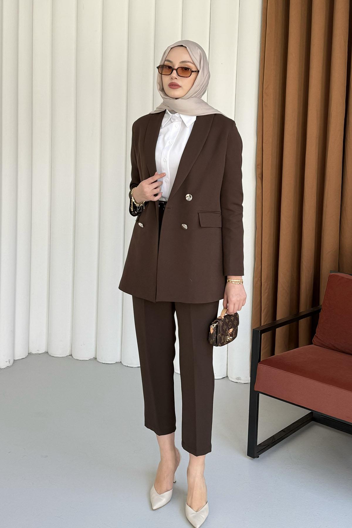 Şal Yaka Astarı Leopar Kruvaze Yaka Ceket-KAHVERENGİ