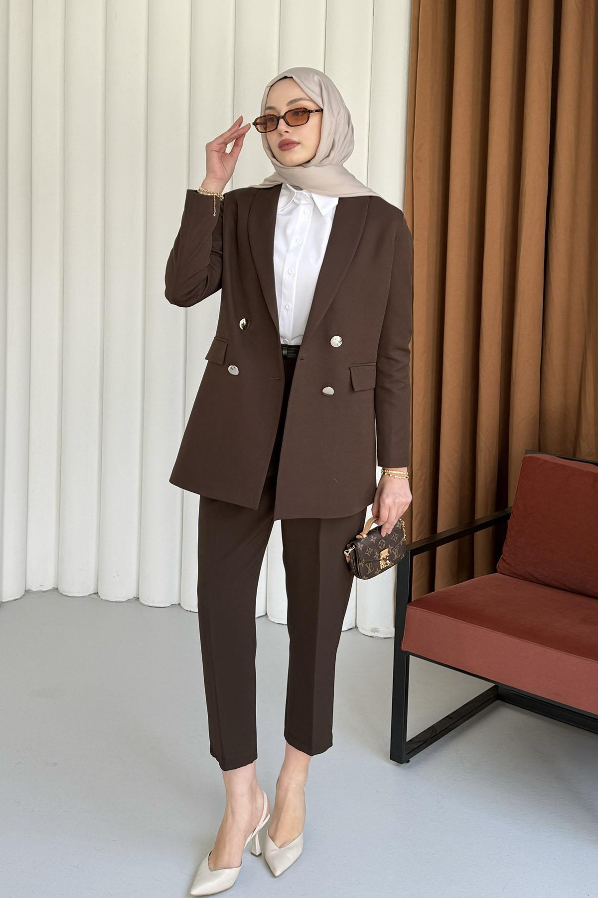 Şal Yaka Astarı Leopar Kruvaze Yaka Ceket-KAHVERENGİ