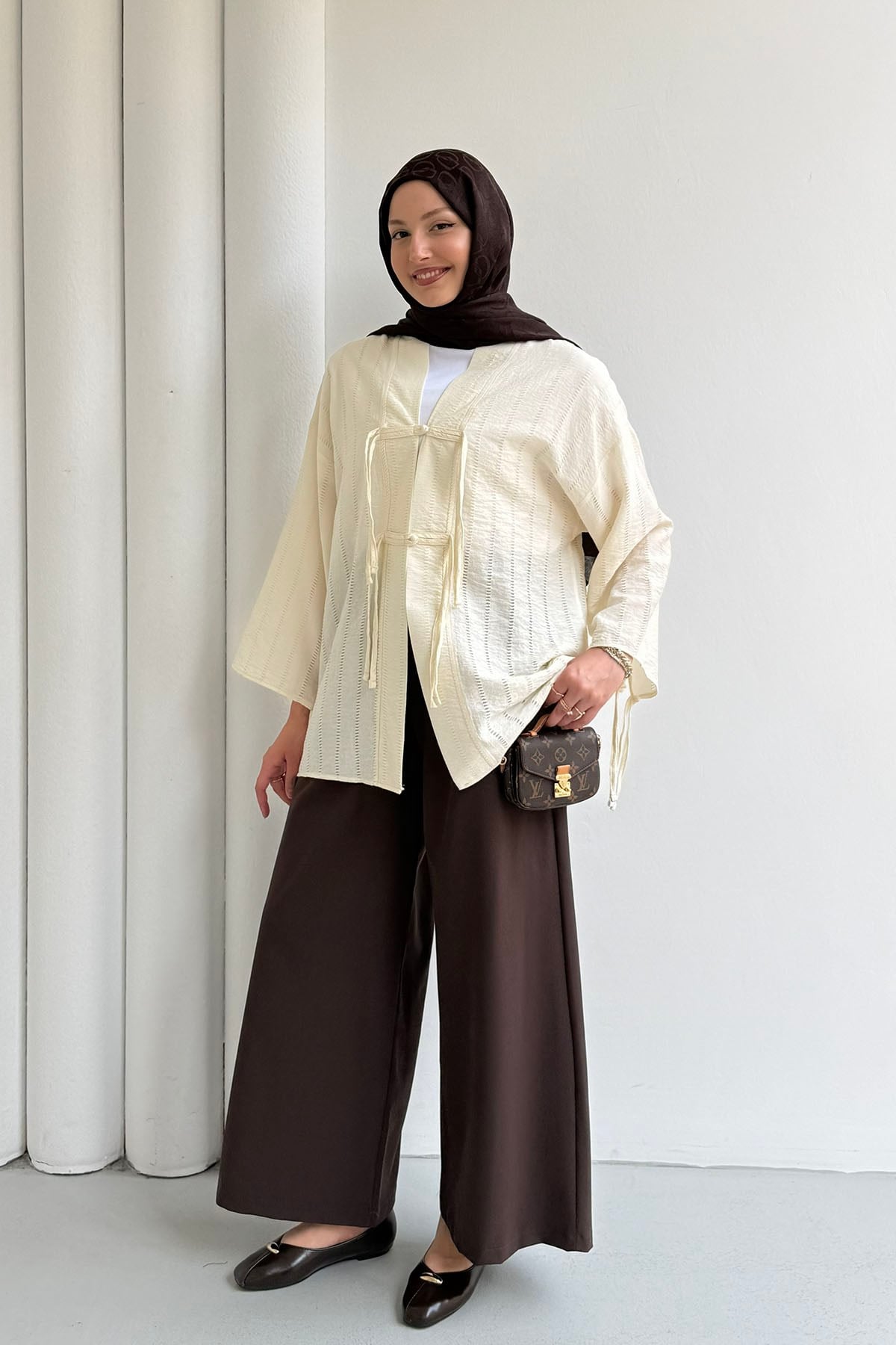 Şal Yaka Ön Ve Kol Ucu Bağlamalı Kimono-SARI