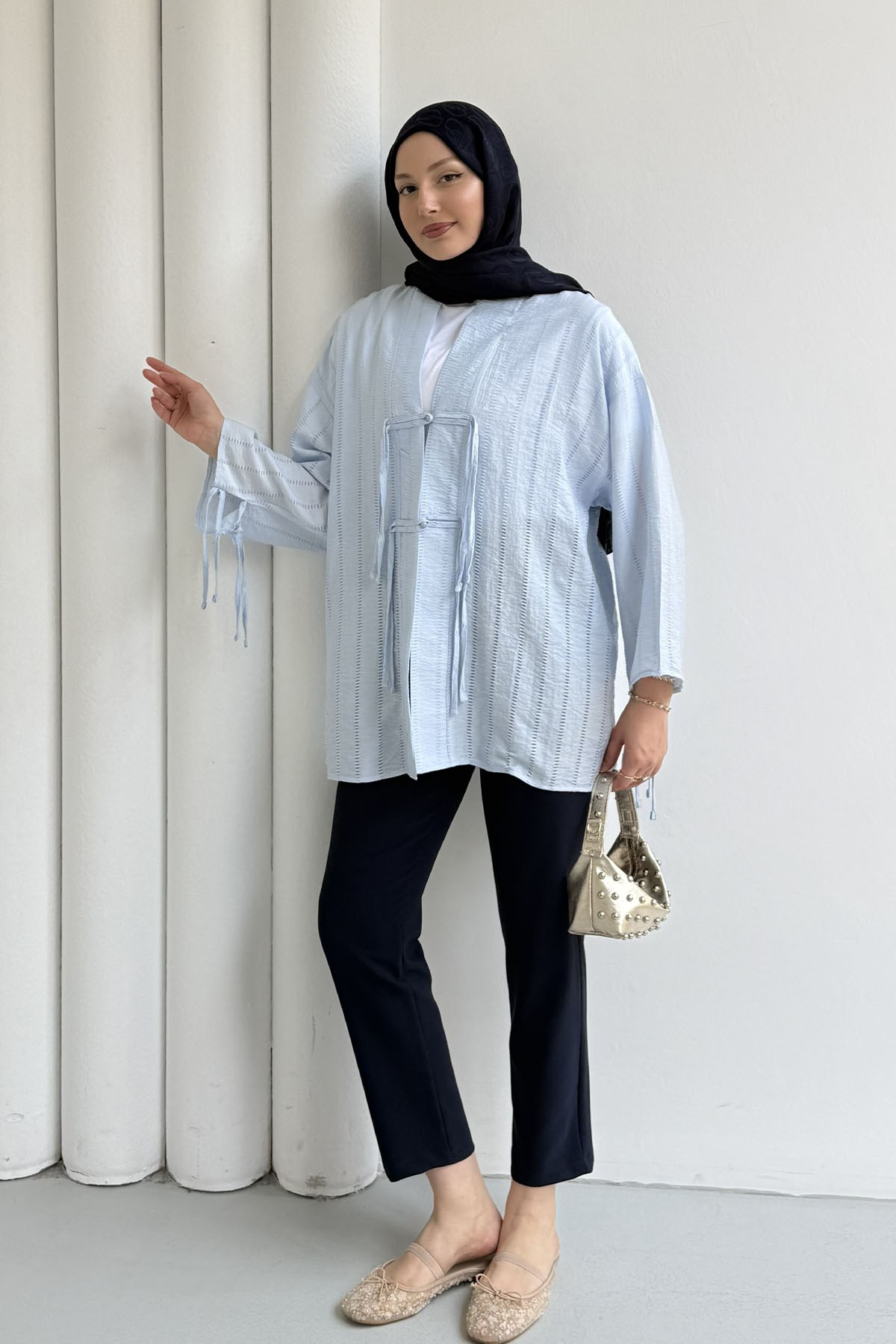 Şal Yaka Ön Ve Kol Ucu Bağlamalı Kimono-BEBE MAVİ