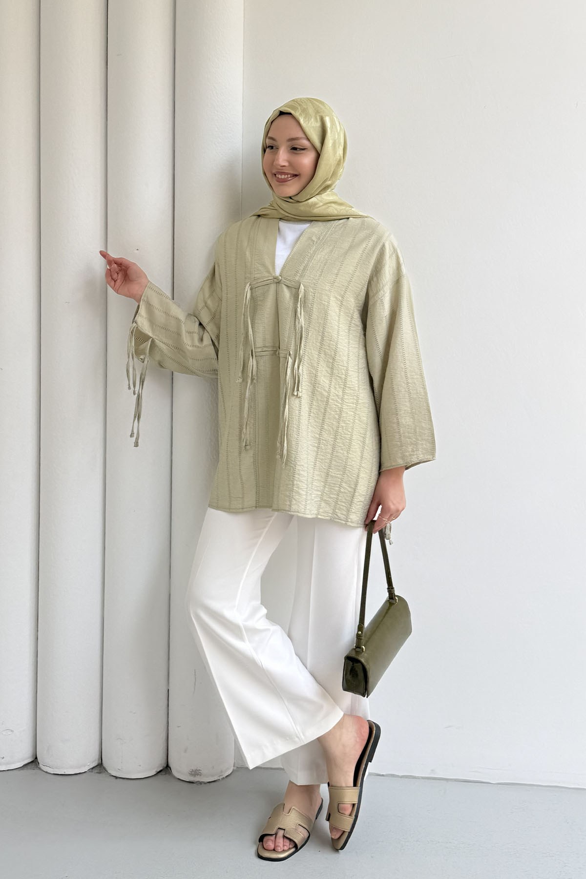 Şal Yaka Ön Ve Kol Ucu Bağlamalı Kimono-MİNT YEŞİLİ