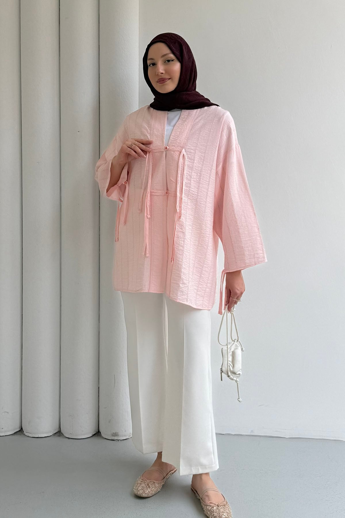 Şal Yaka Ön Ve Kol Ucu Bağlamalı Kimono-PEMBE
