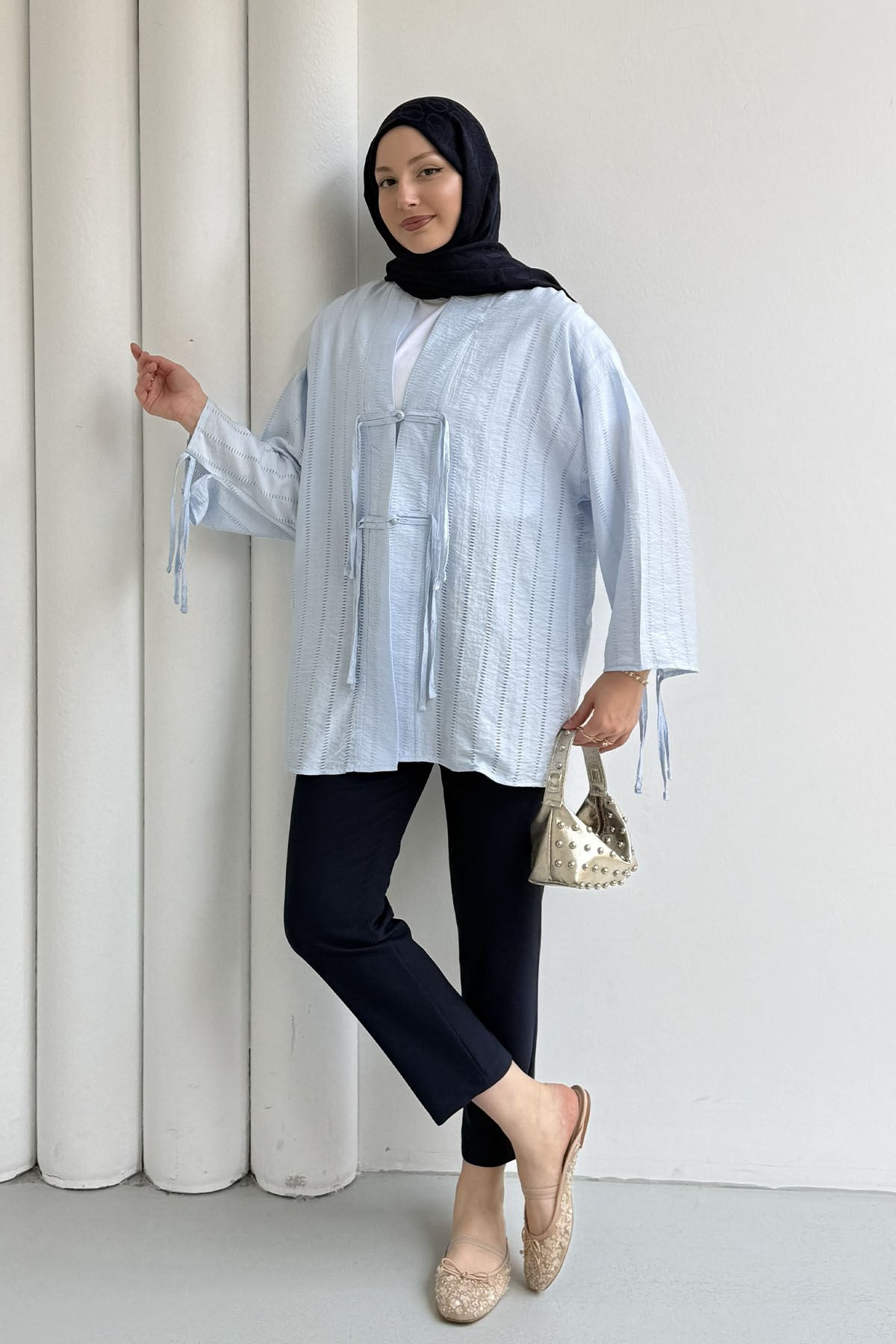 Şal Yaka Ön Ve Kol Ucu Bağlamalı Kimono-BEBE MAVİ