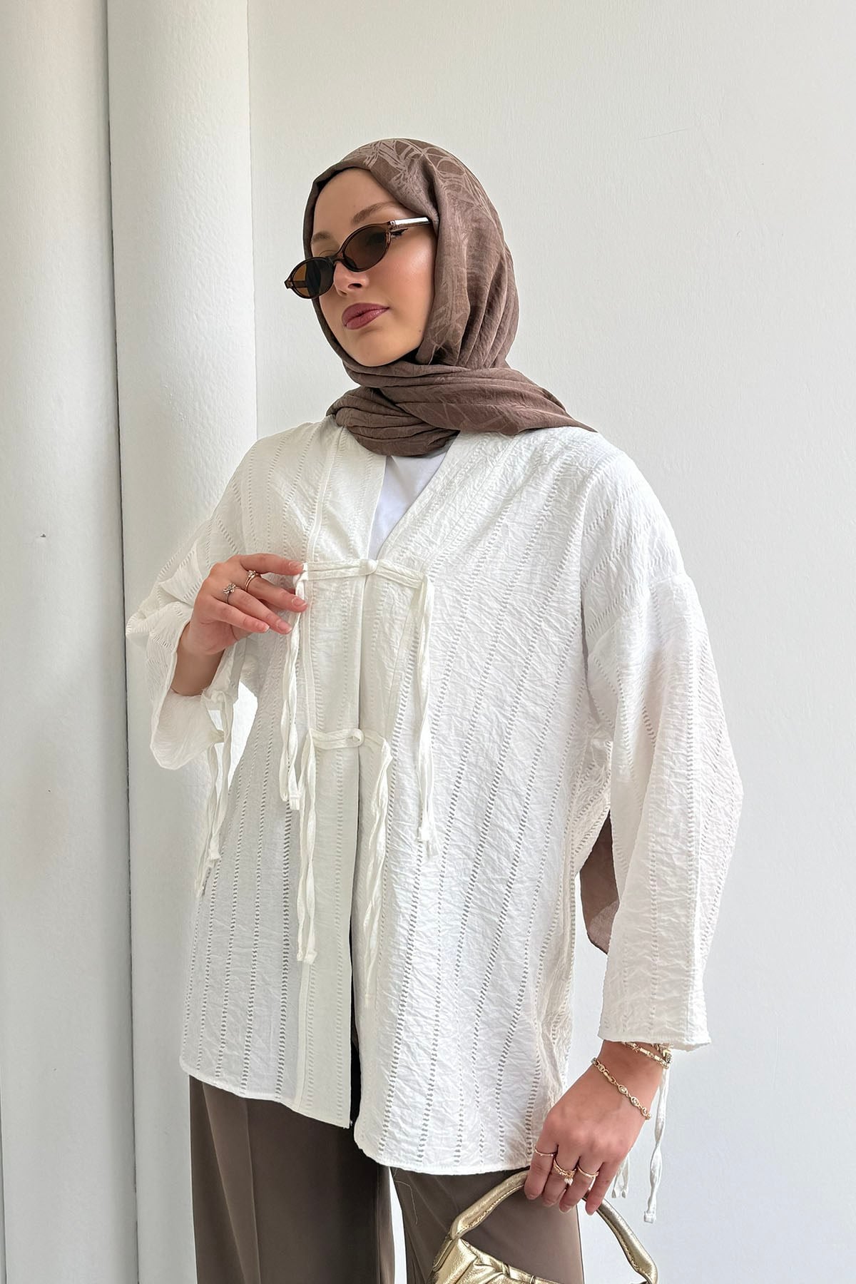 Şal Yaka Ön Ve Kol Ucu Bağlamalı Kimono-BEYAZ