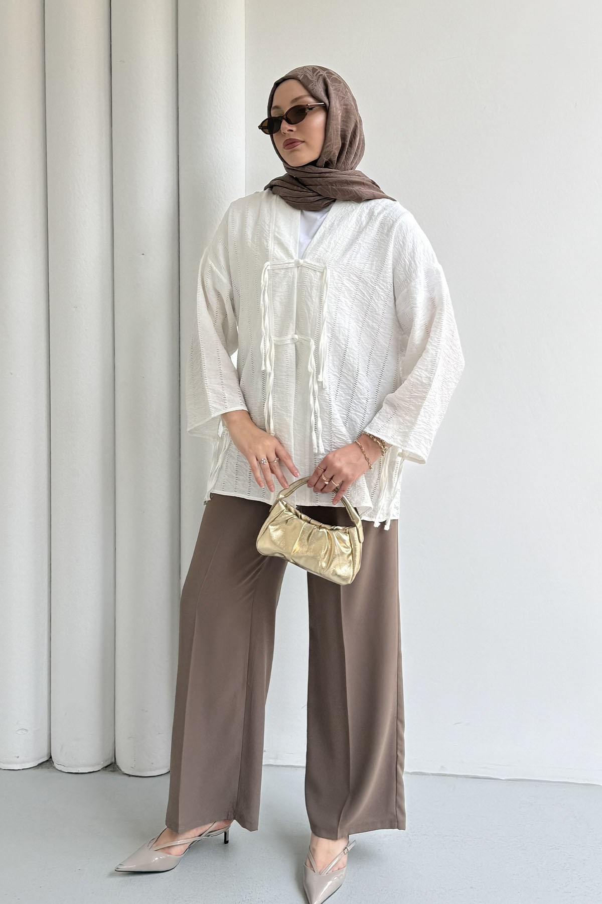 Şal Yaka Ön Ve Kol Ucu Bağlamalı Kimono-BEYAZ