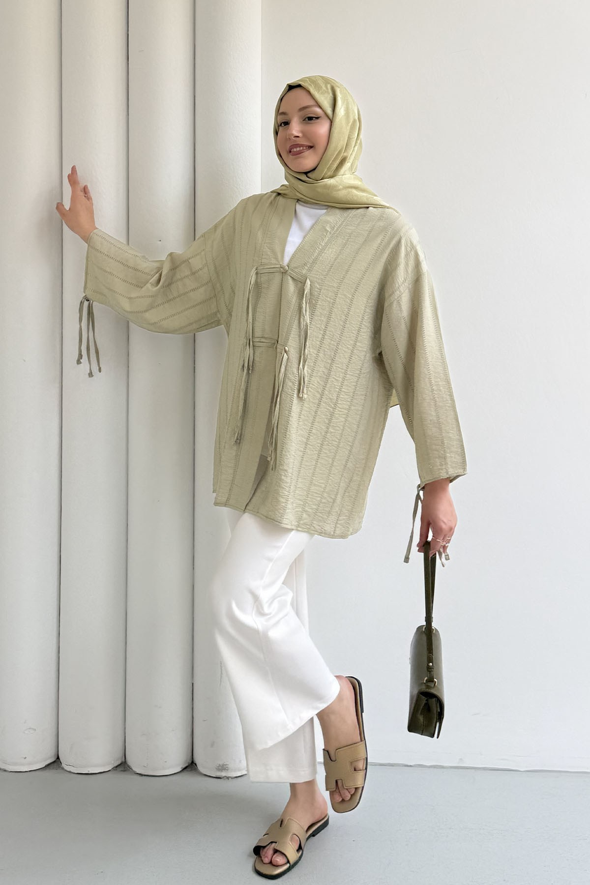 Şal Yaka Ön Ve Kol Ucu Bağlamalı Kimono-MİNT YEŞİLİ