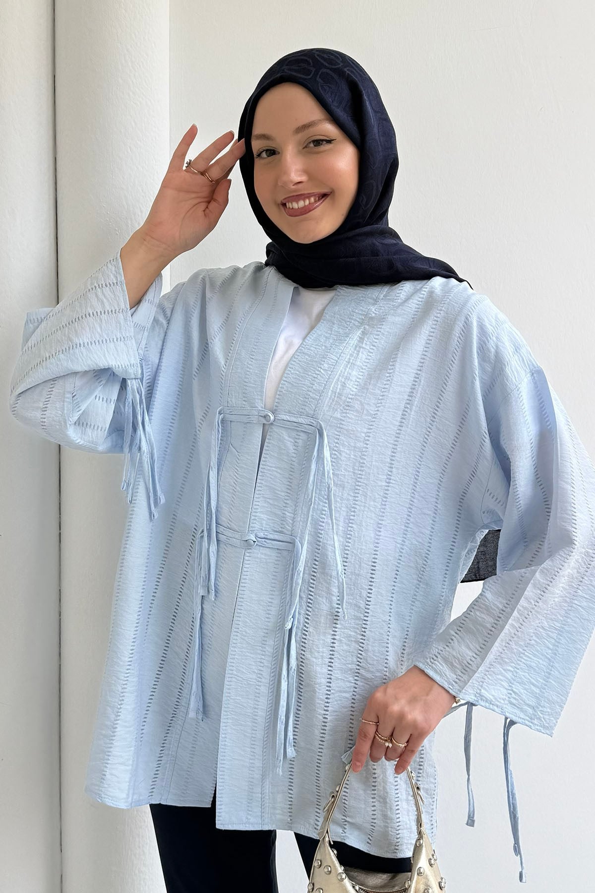 Şal Yaka Ön Ve Kol Ucu Bağlamalı Kimono-BEBE MAVİ
