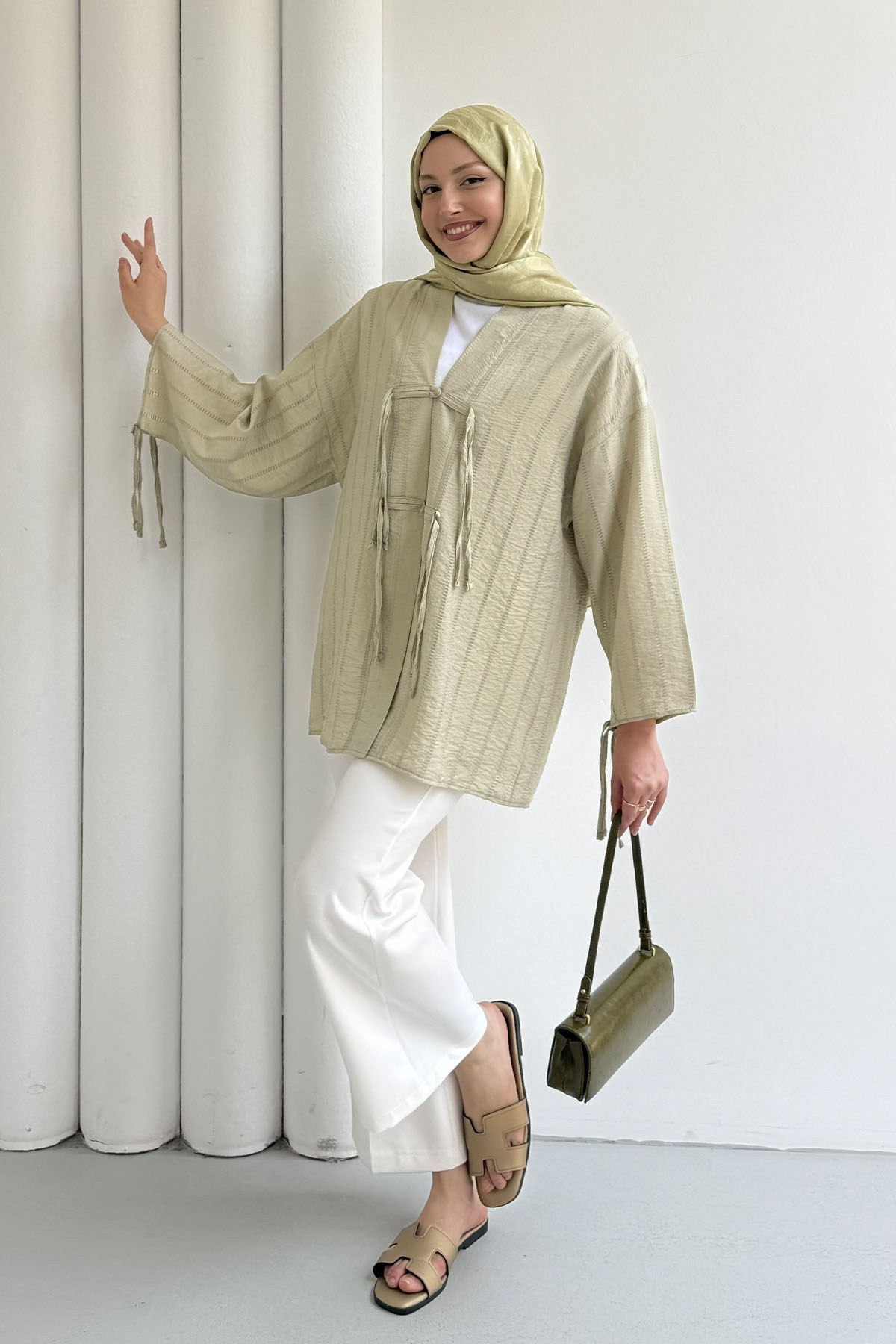 Şal Yaka Ön Ve Kol Ucu Bağlamalı Kimono-MİNT YEŞİLİ