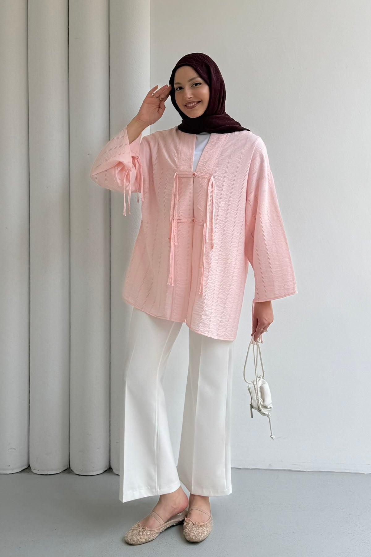 Şal Yaka Ön Ve Kol Ucu Bağlamalı Kimono-PEMBE
