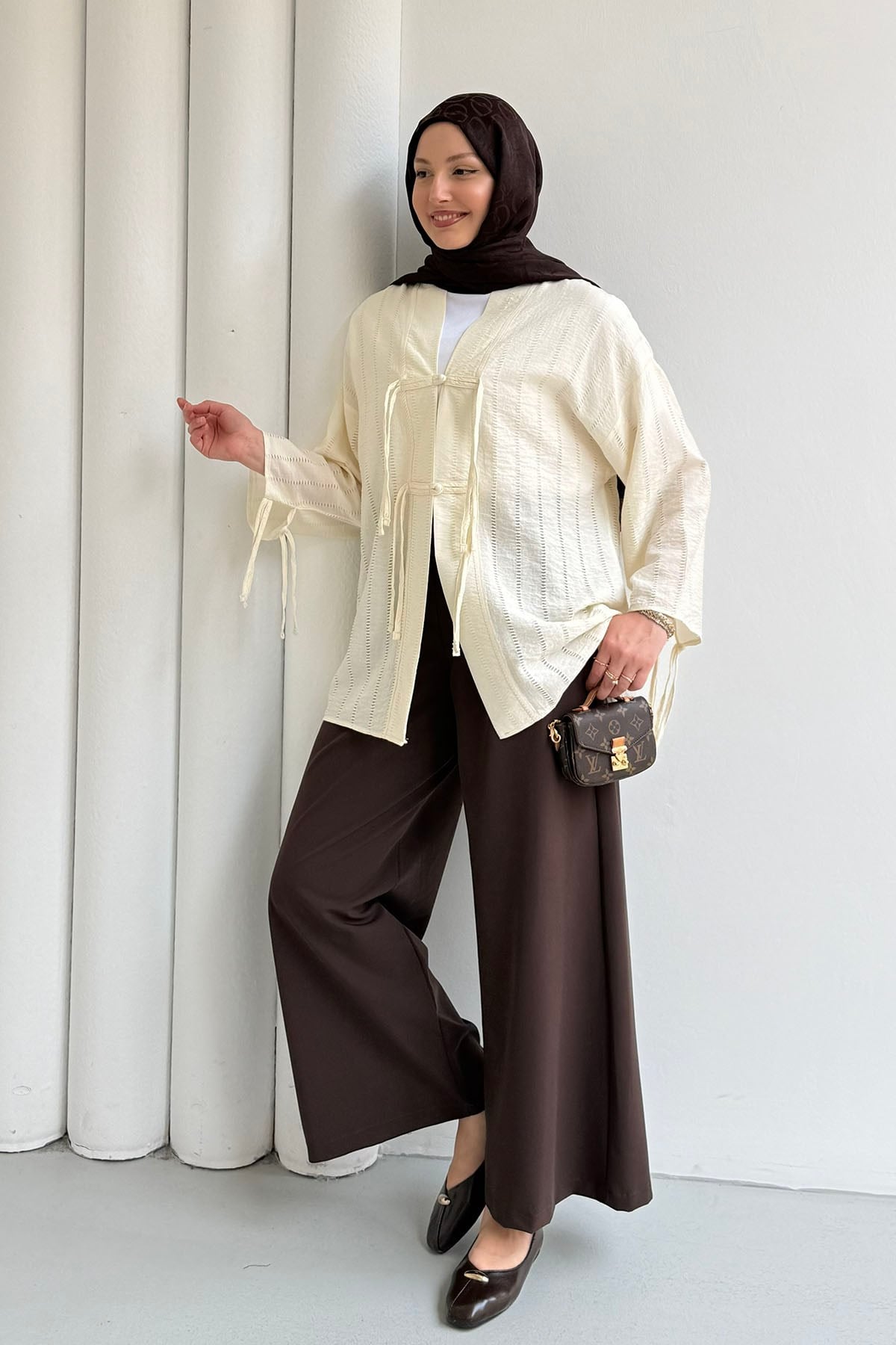 Şal Yaka Ön Ve Kol Ucu Bağlamalı Kimono-SARI