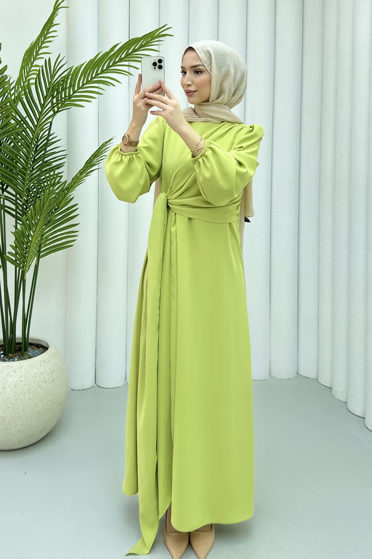 Şal Yaka Twil  Tesettür Elbise-FISTIK YEŞİLİ