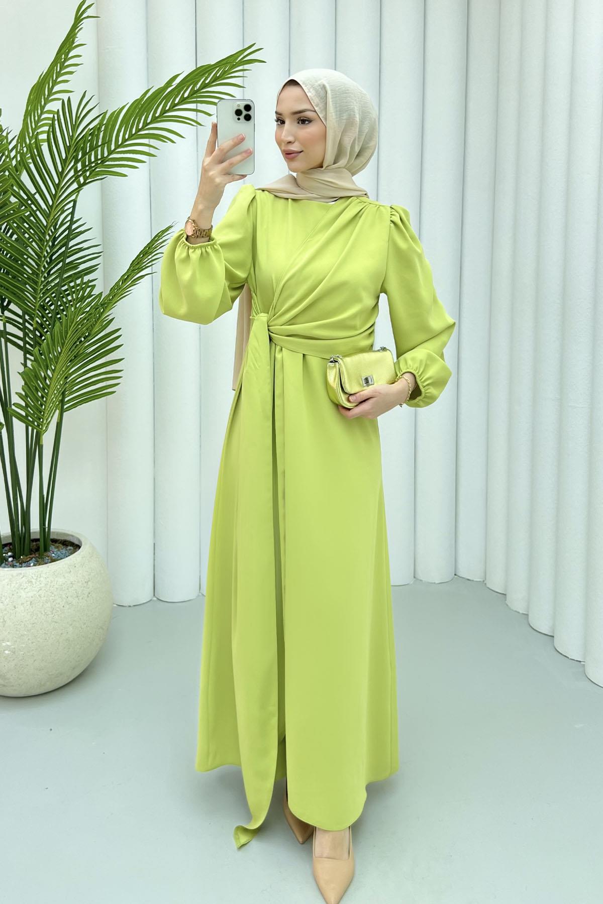 Şal Yaka Twil  Tesettür Elbise-FISTIK YEŞİLİ