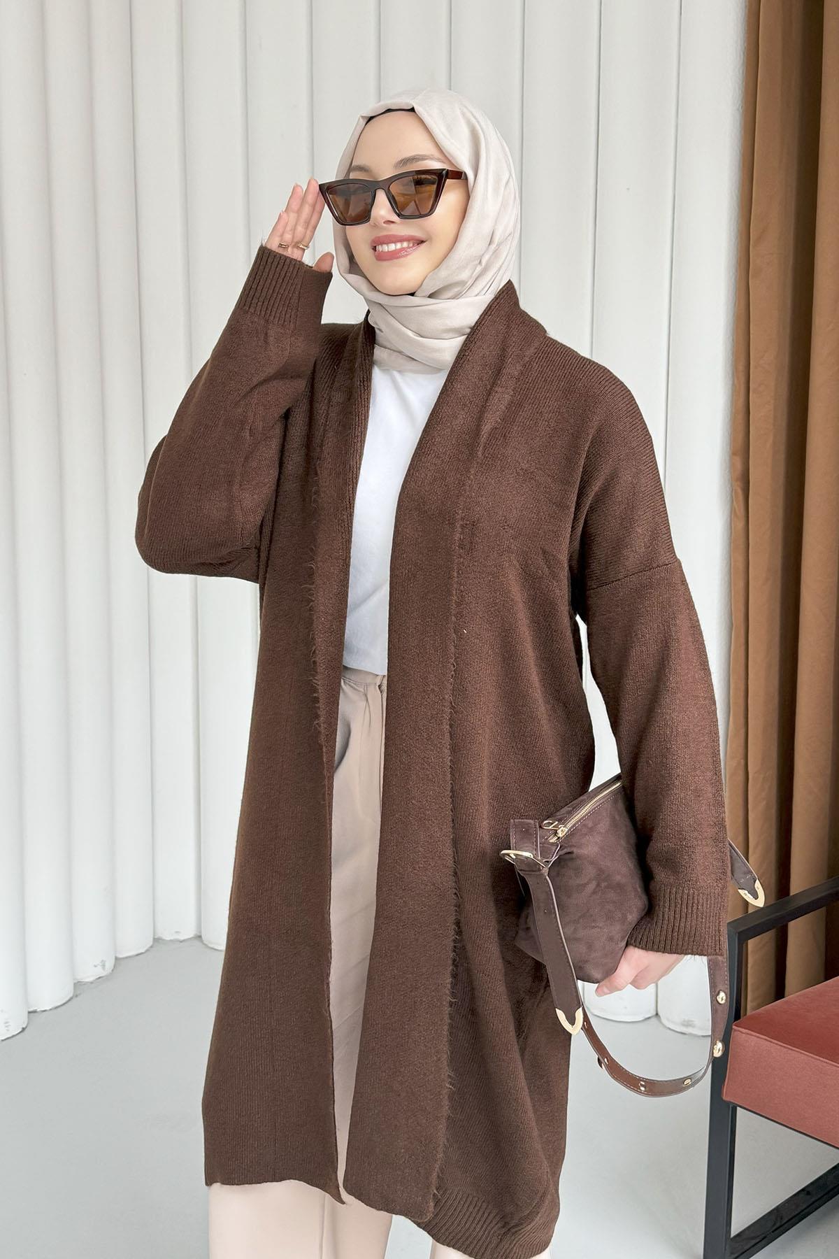 Şal Yaka Uzun Triko Hırka-KAHVERENGİ