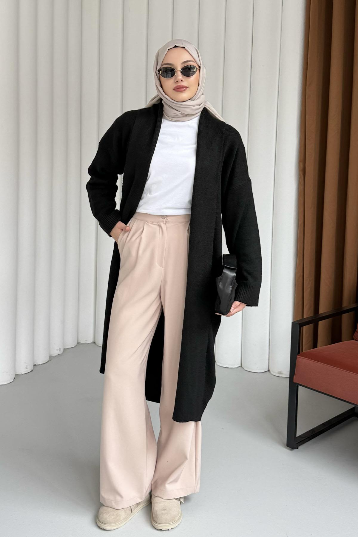 Şal Yaka Uzun Triko Hırka-SİYAH