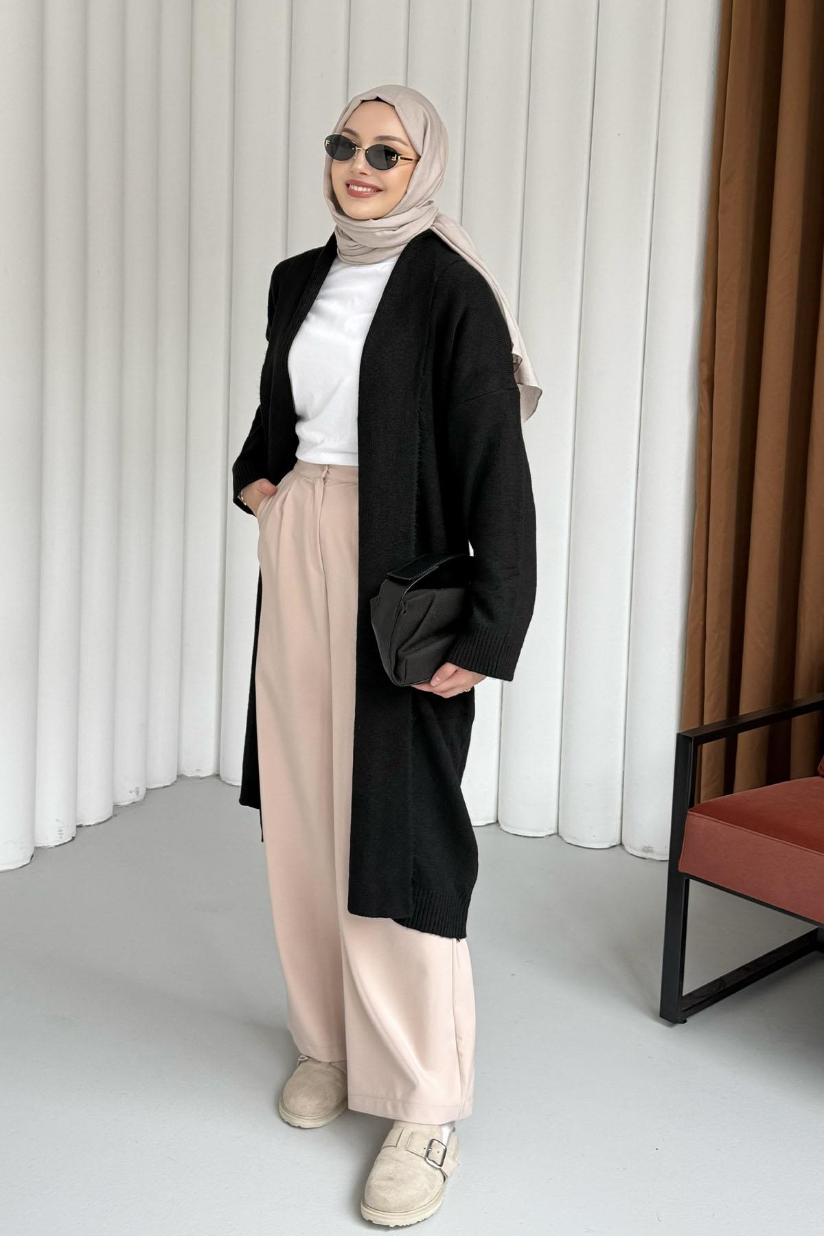 Şal Yaka Uzun Triko Hırka-SİYAH