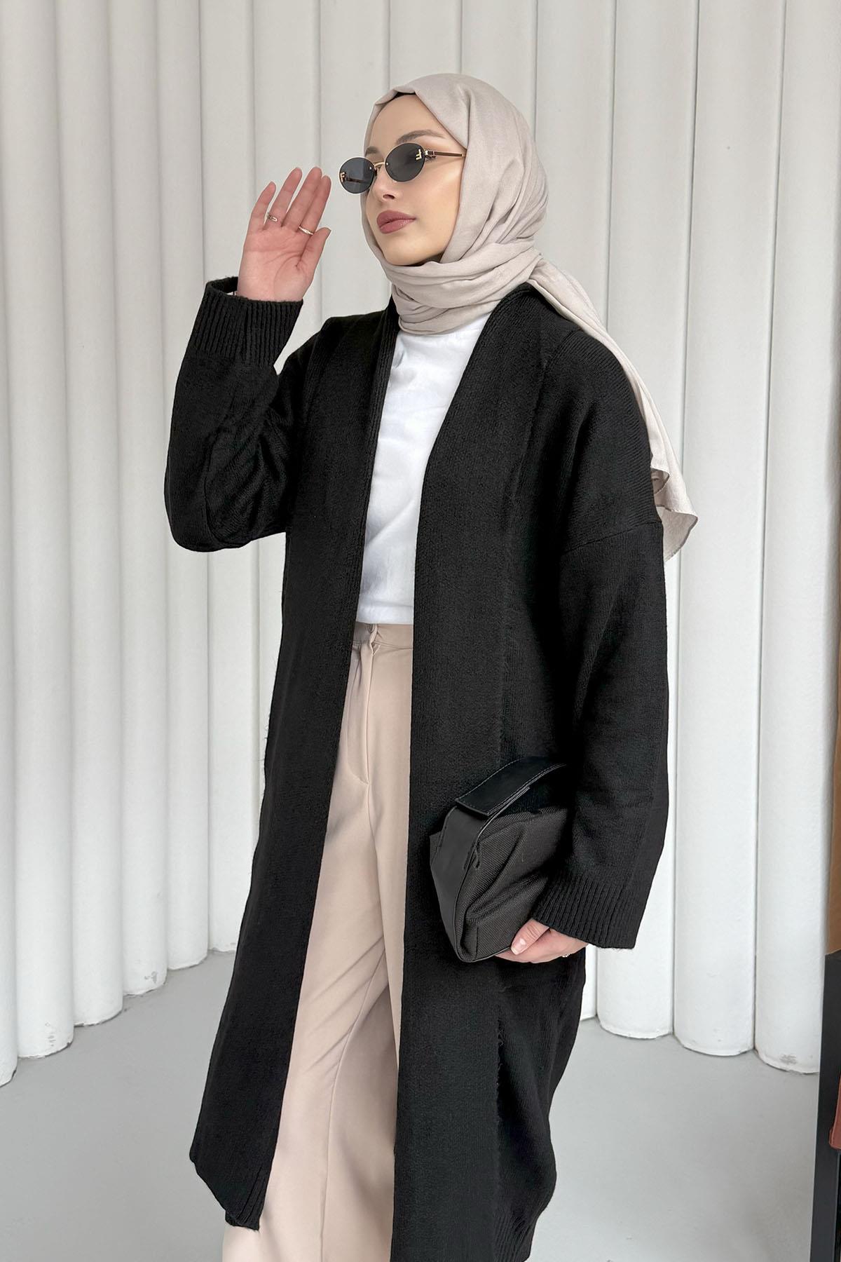 Şal Yaka Uzun Triko Hırka-SİYAH