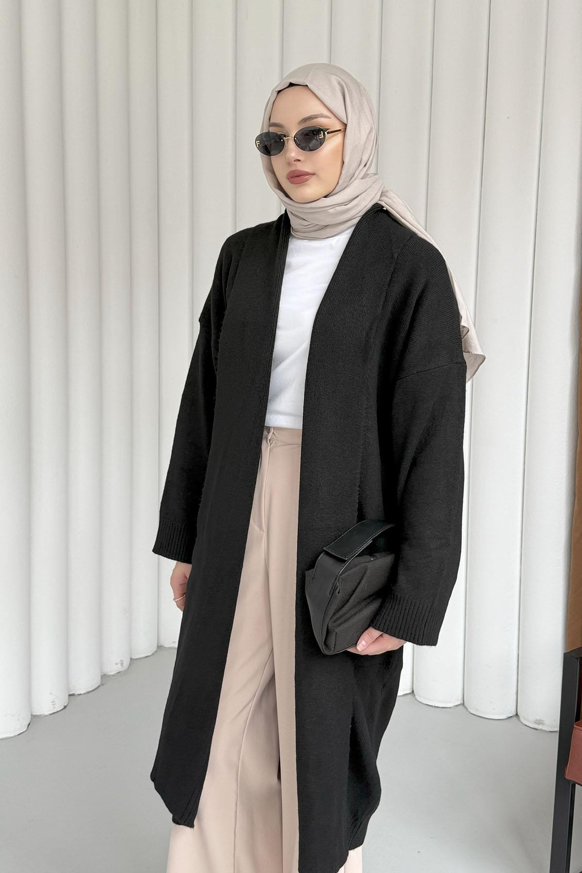 Şal Yaka Uzun Triko Hırka-SİYAH