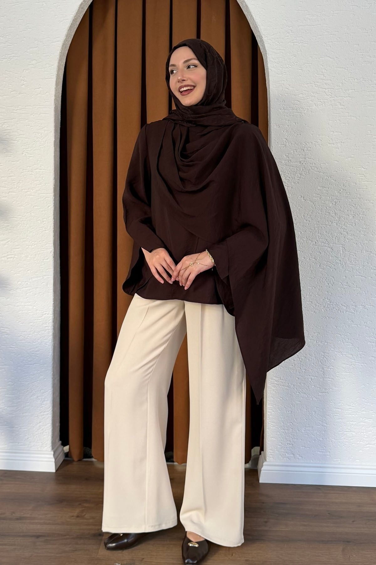 Şallı Değaje Yaka Tencel Kumaş Bluz-ACI KAHVE