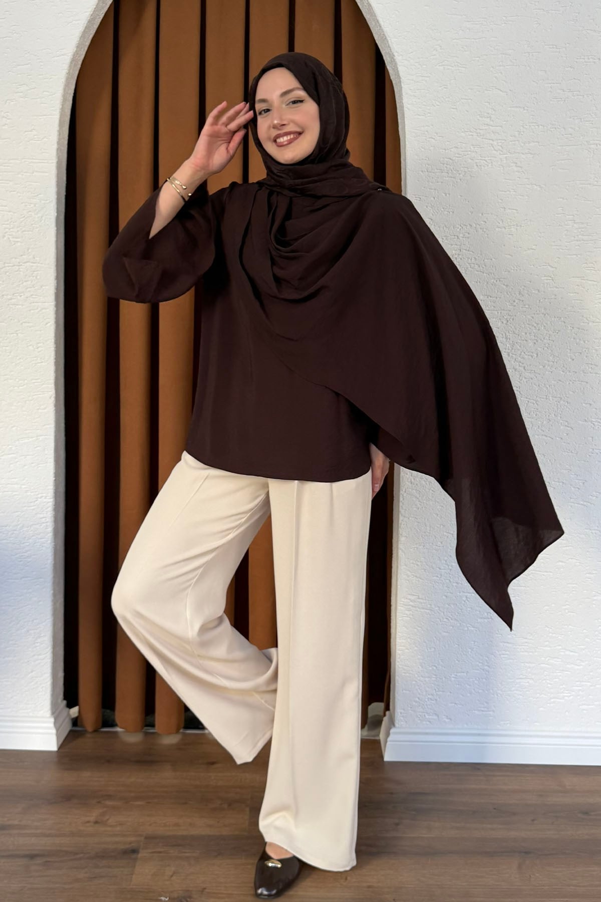 Şallı Değaje Yaka Tencel Kumaş Bluz-ACI KAHVE