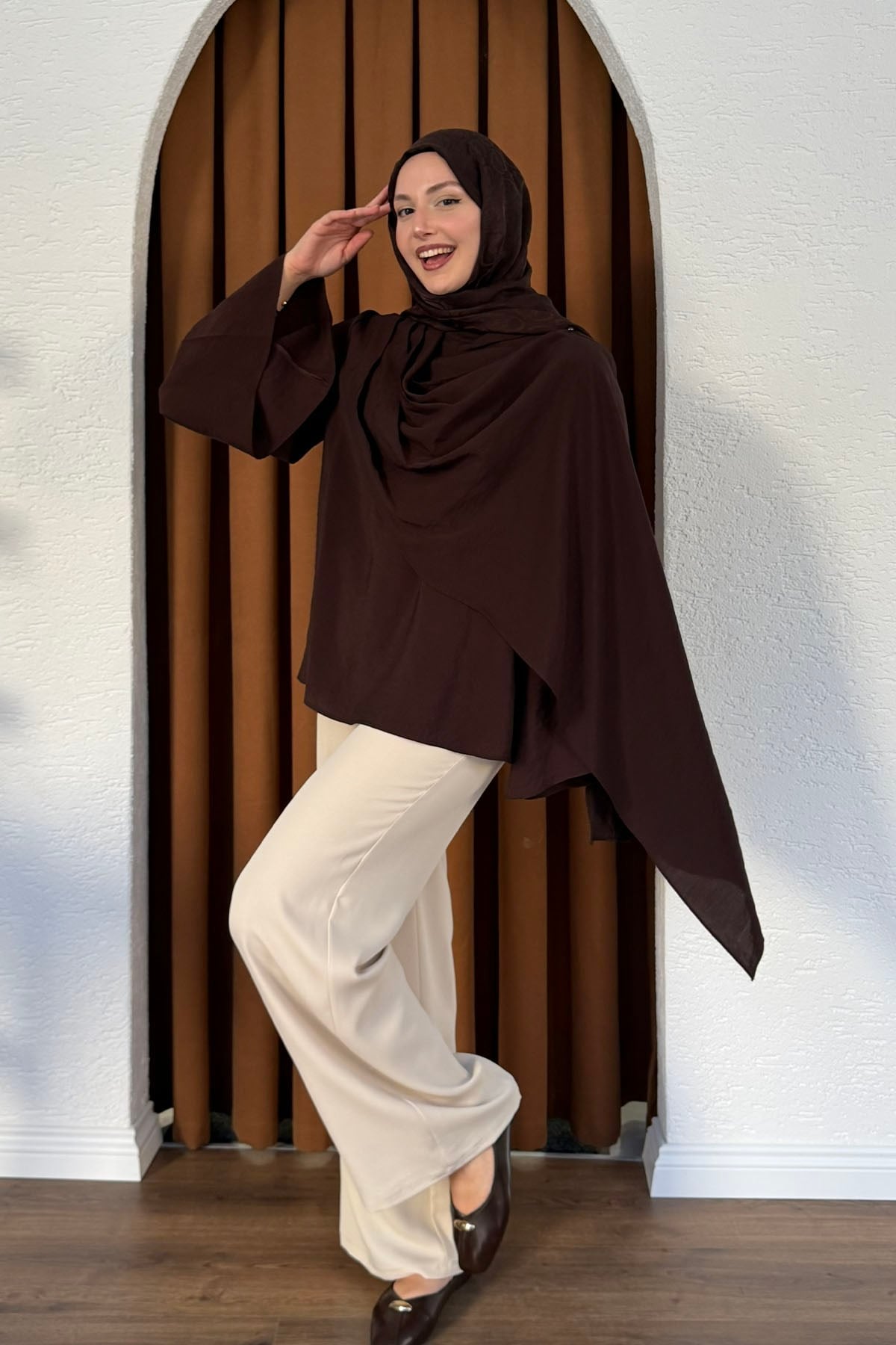 Şallı Değaje Yaka Tencel Kumaş Bluz-ACI KAHVE