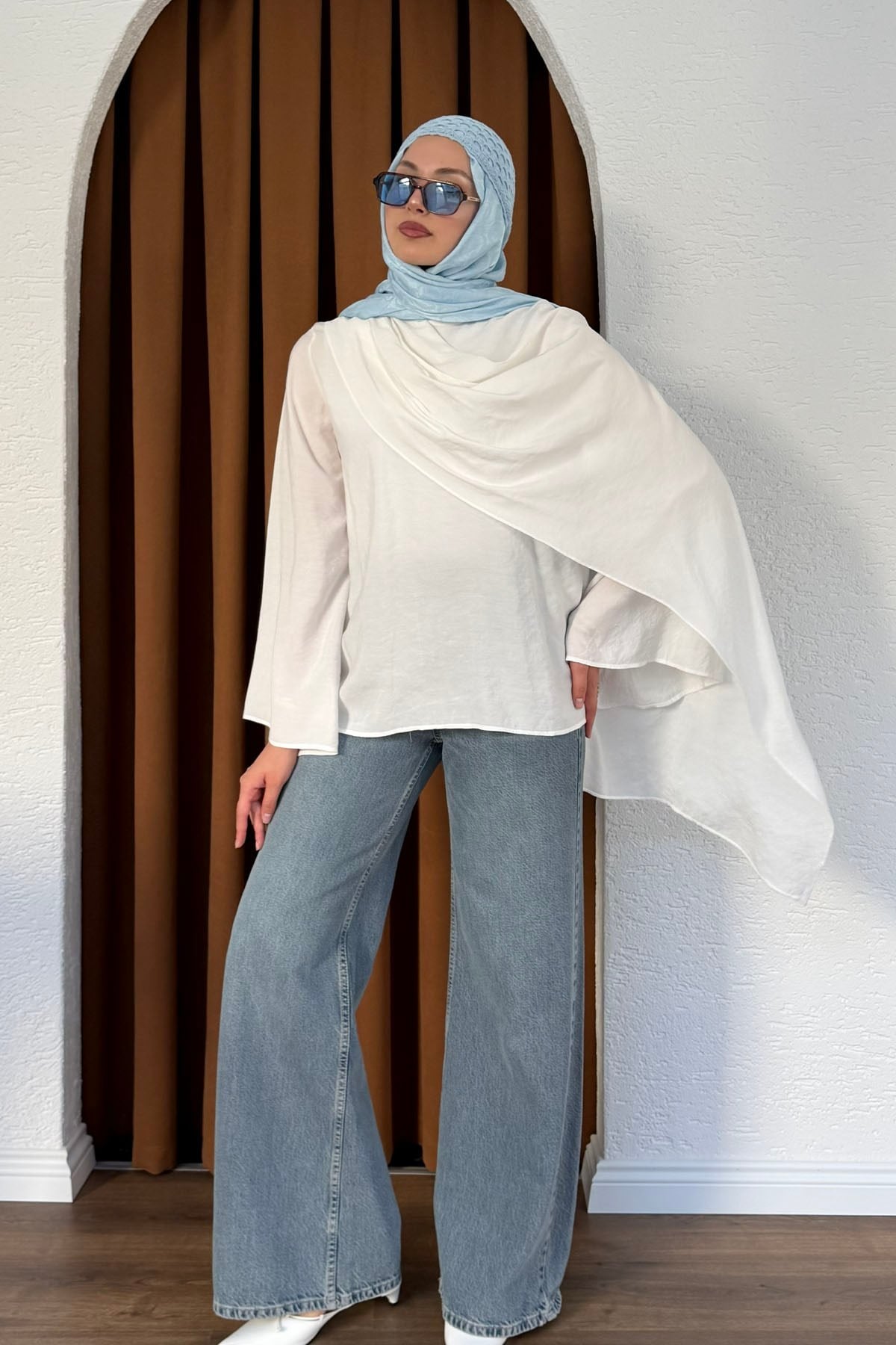 Şallı Değaje Yaka Tencel Kumaş Bluz-BEYAZ