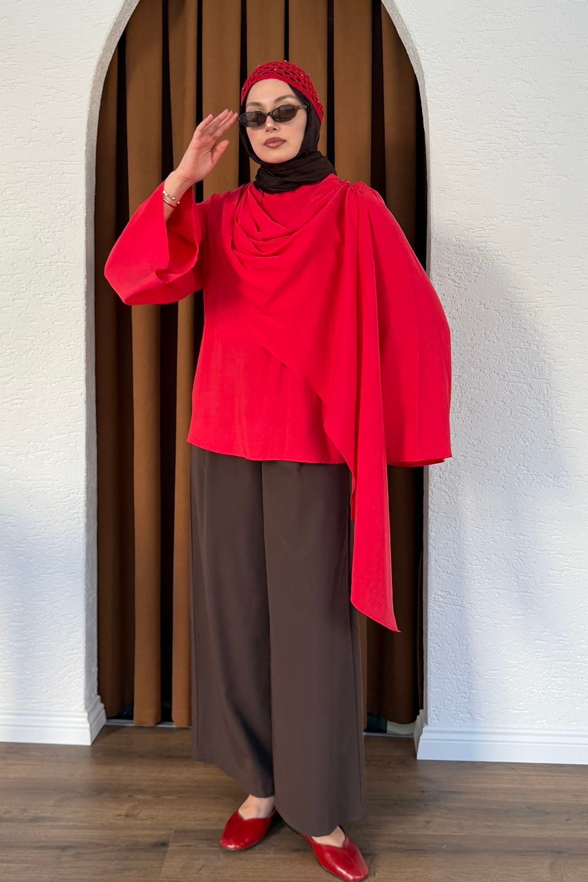 Şallı Değaje Yaka Tencel Kumaş Bluz-KIRMIZI