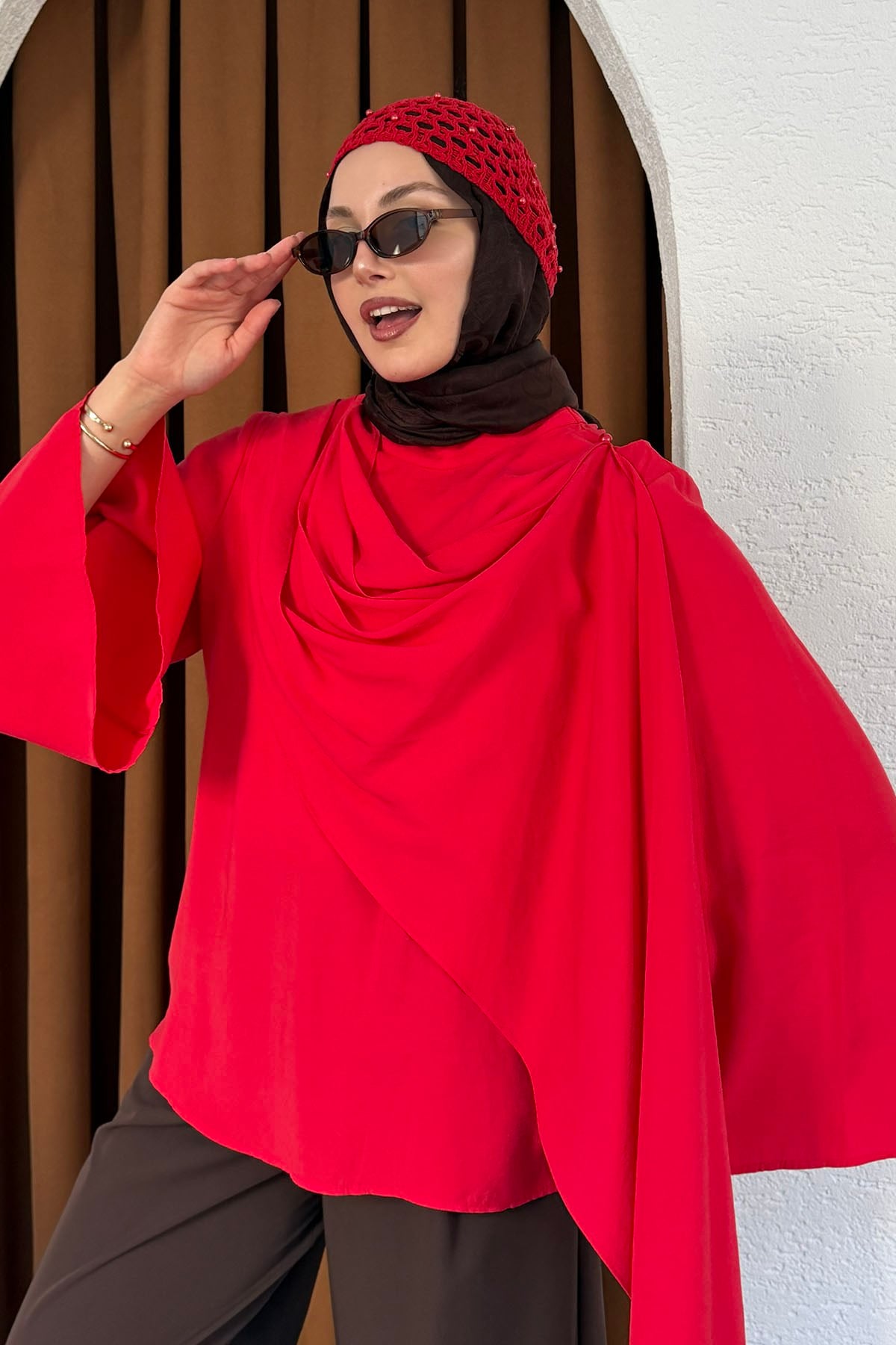 Şallı Değaje Yaka Tencel Kumaş Bluz-KIRMIZI
