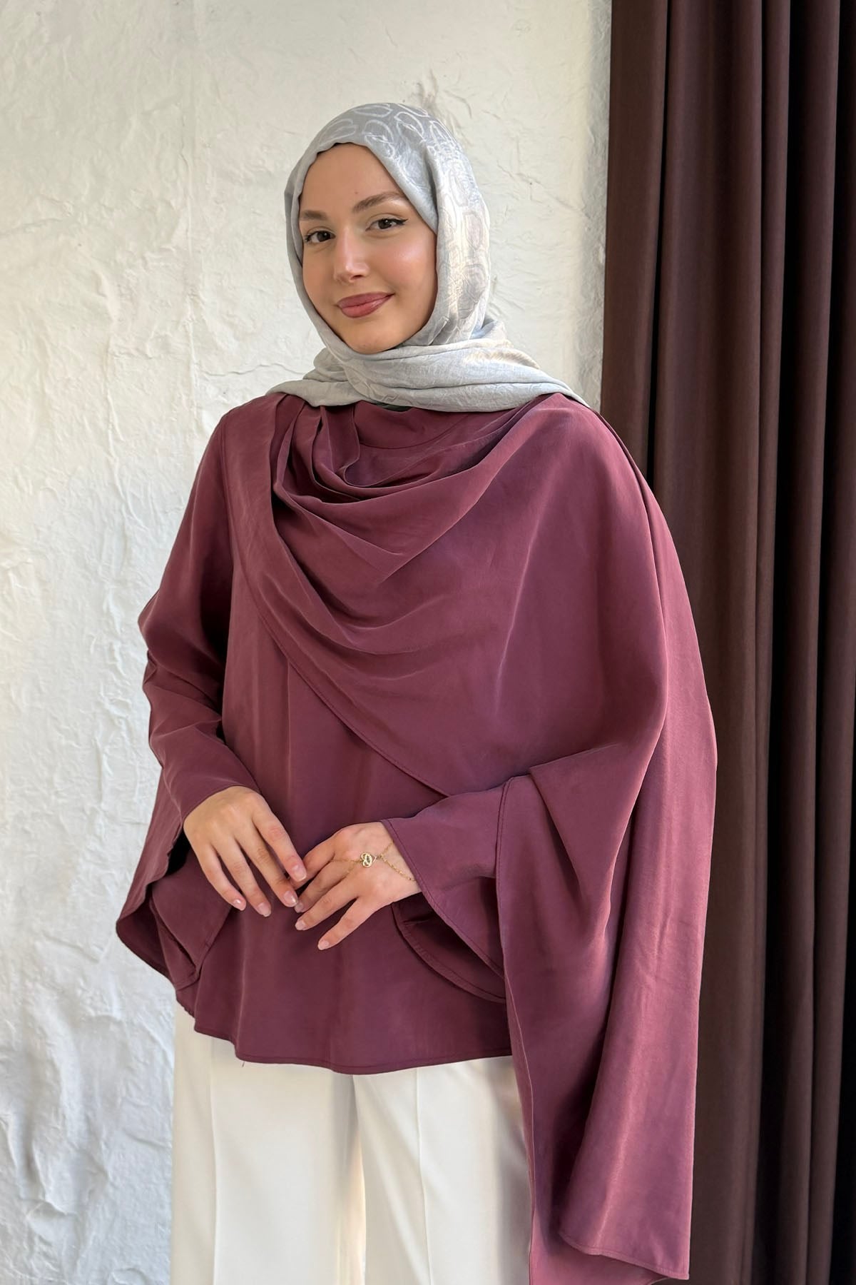 Şallı Değaje Yaka Tencel Kumaş Bluz-MÜRDÜM