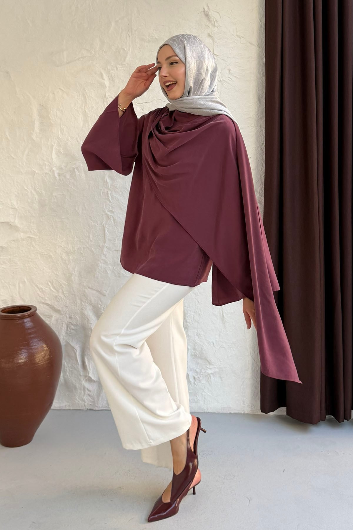Şallı Değaje Yaka Tencel Kumaş Bluz-MÜRDÜM