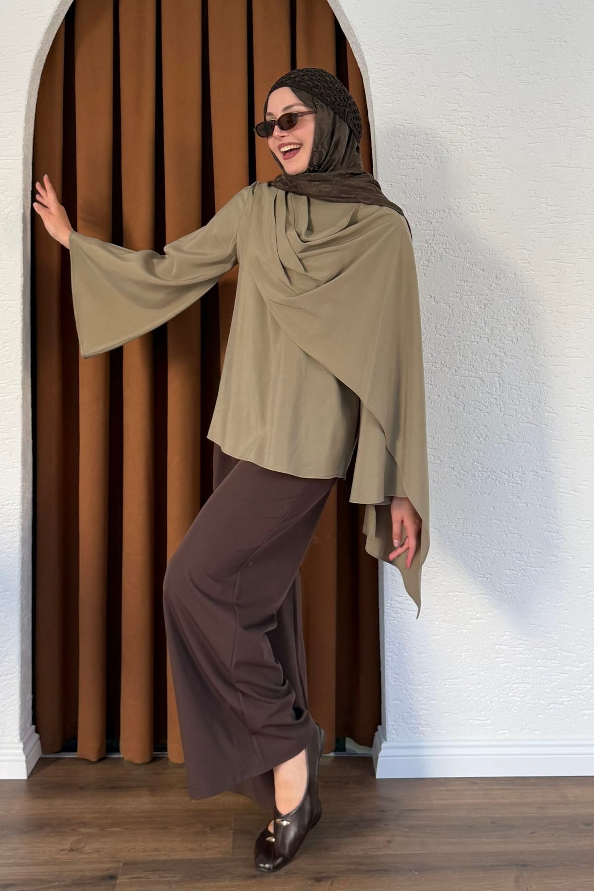 Şallı Değaje Yaka Tencel Kumaş Bluz-YEŞİL