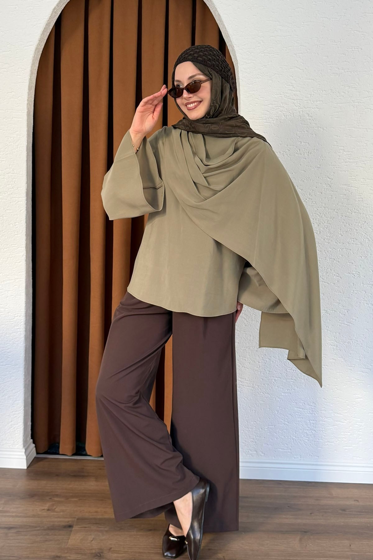 Şallı Değaje Yaka Tencel Kumaş Bluz-YEŞİL
