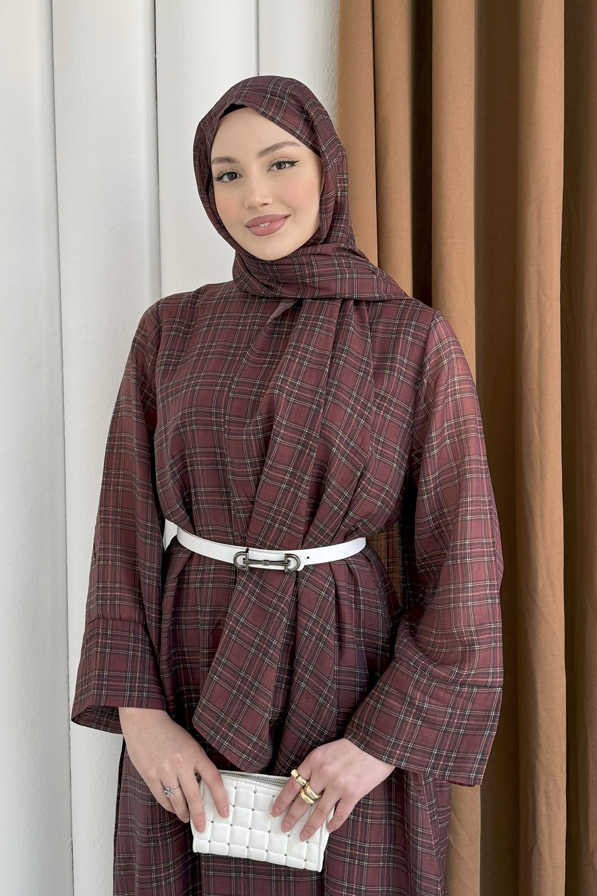 Şallı Ekose Desenli Şifon Tesettür Elbise-BORDO