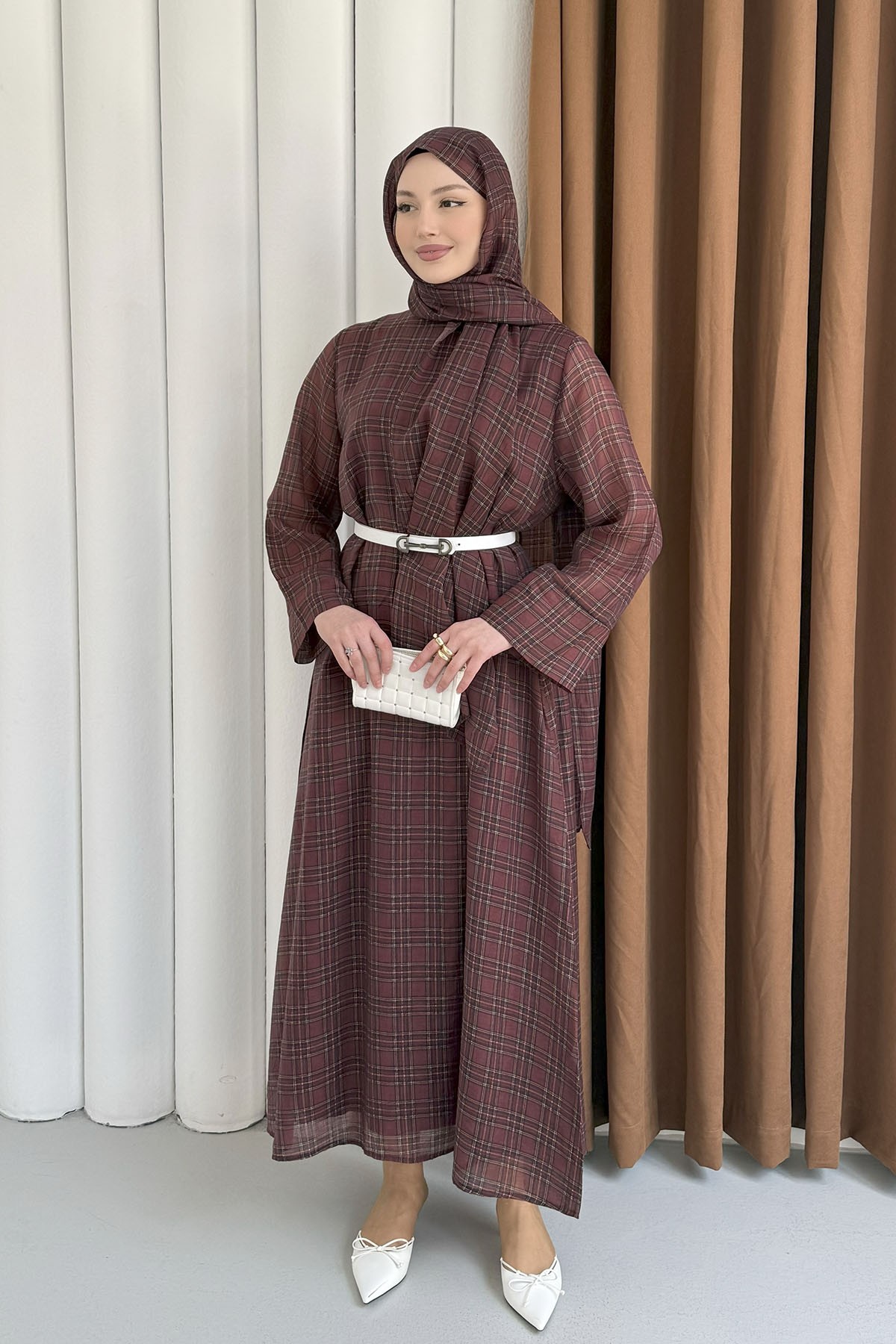 Şallı Ekose Desenli Şifon Tesettür Elbise-BORDO