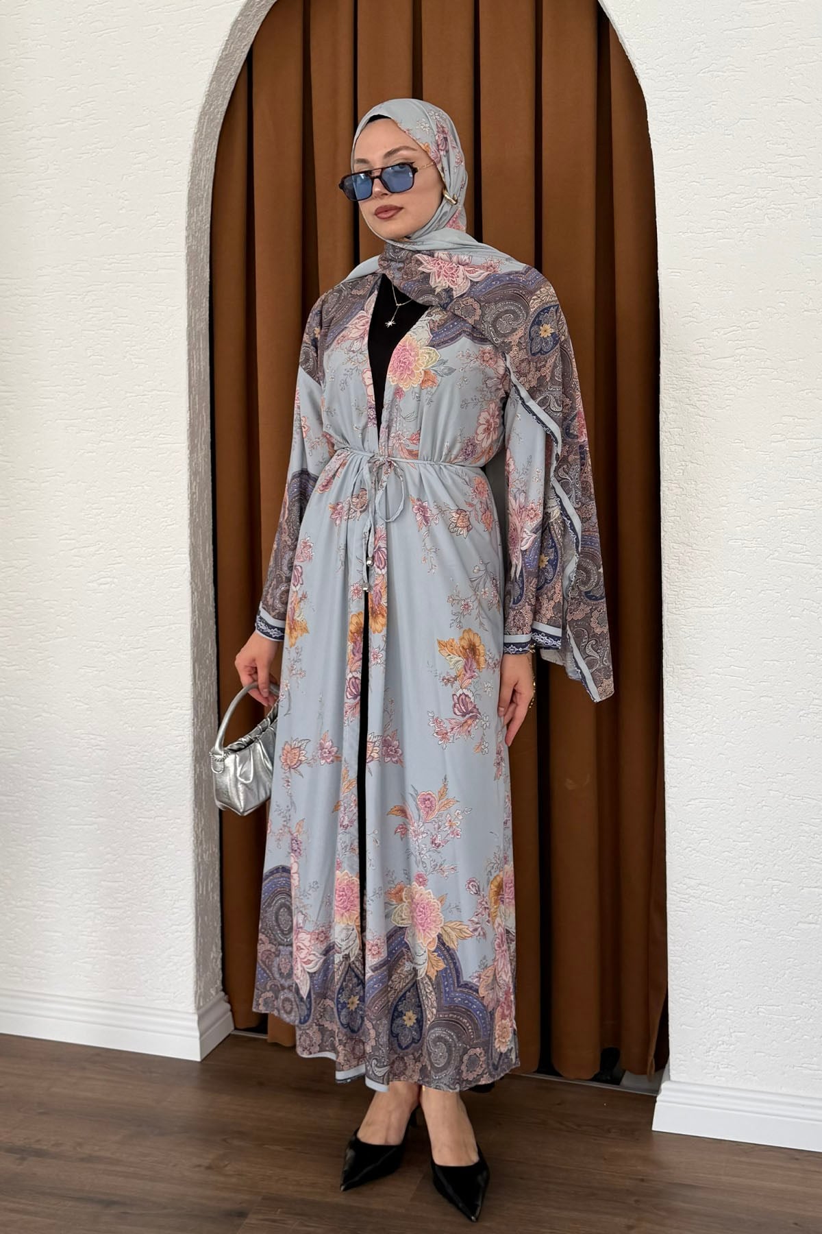 Şallı Fularlı Empirme Desenli Uzun Kimono-MAVİ