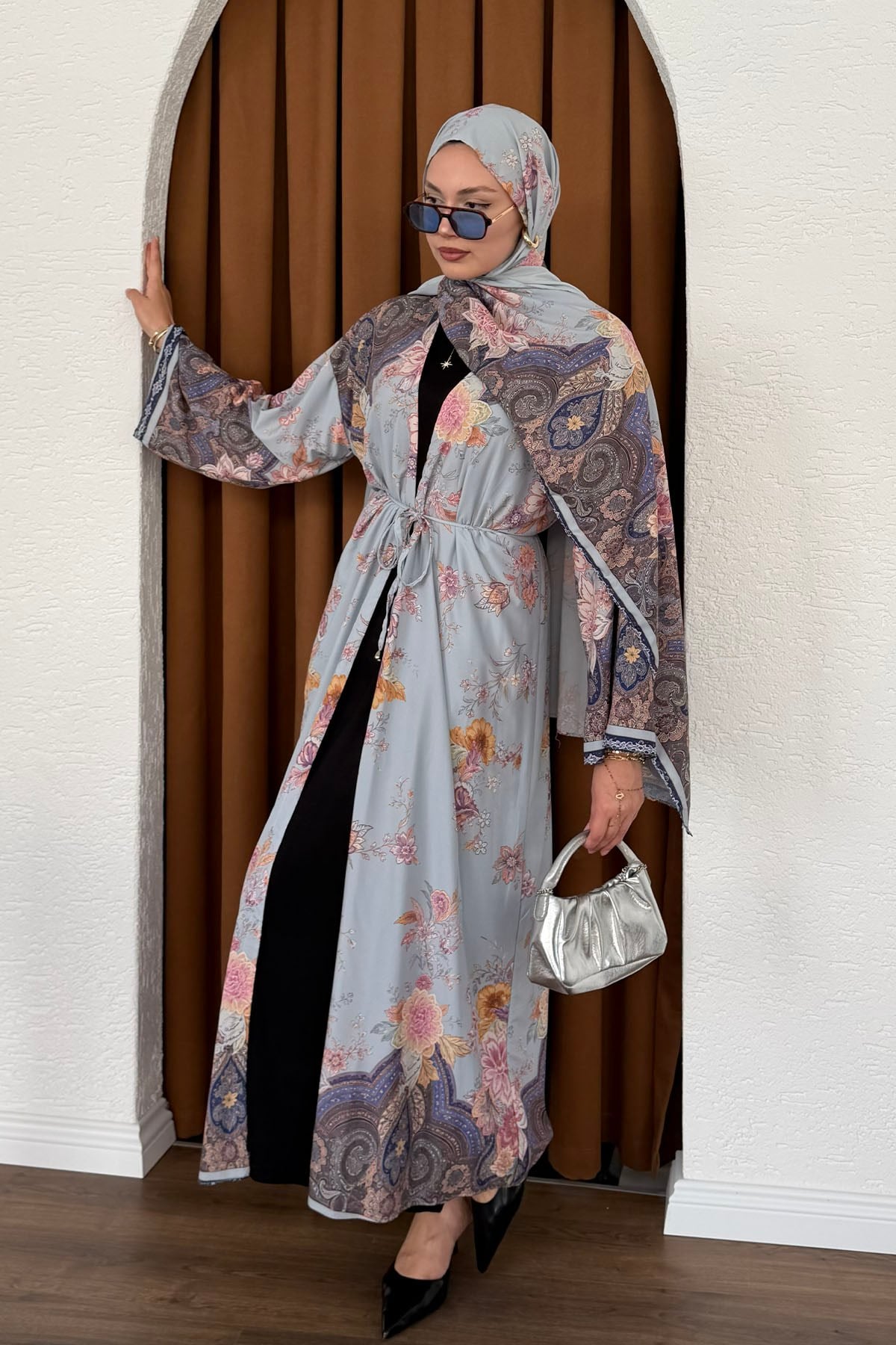 Şallı Fularlı Empirme Desenli Uzun Kimono-MAVİ