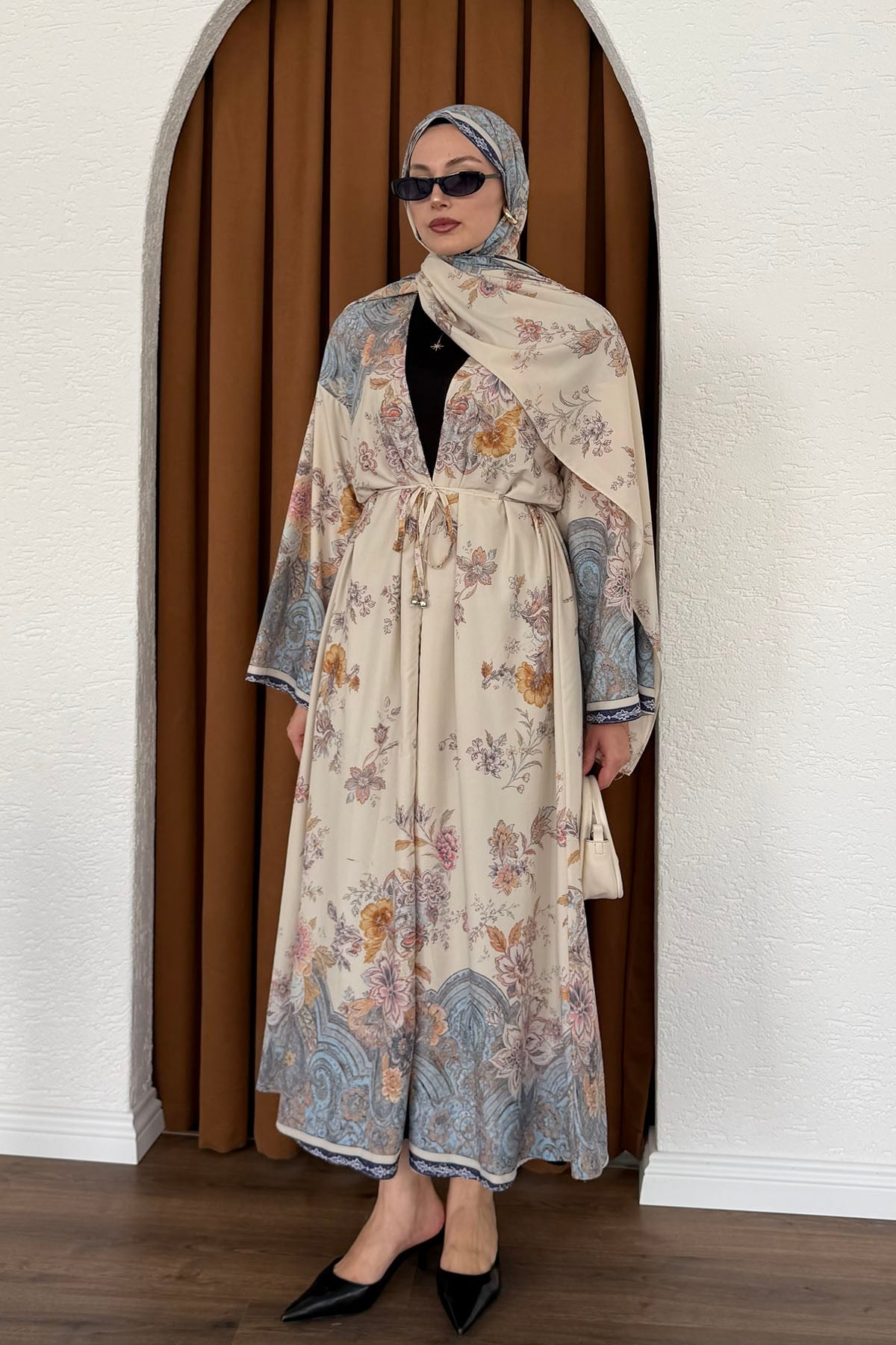 Şallı Fularlı Empirme Desenli Uzun Kimono-TAŞ
