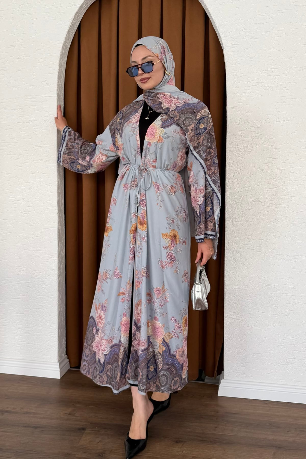 Şallı Fularlı Empirme Desenli Uzun Kimono-MAVİ
