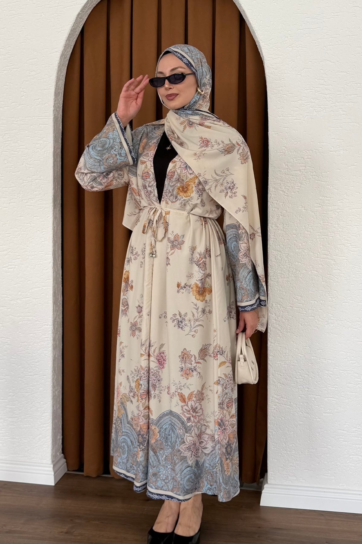 Şallı Fularlı Empirme Desenli Uzun Kimono-TAŞ