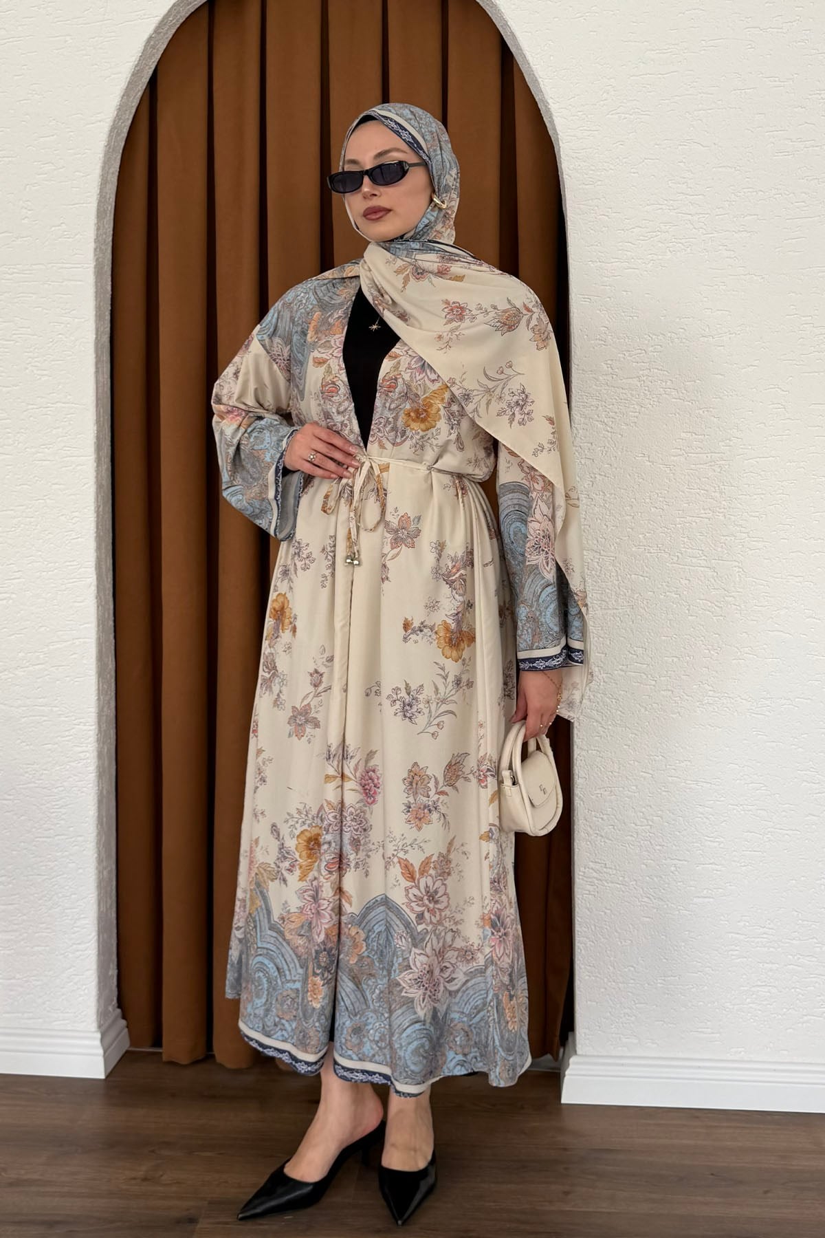 Şallı Fularlı Empirme Desenli Uzun Kimono-TAŞ