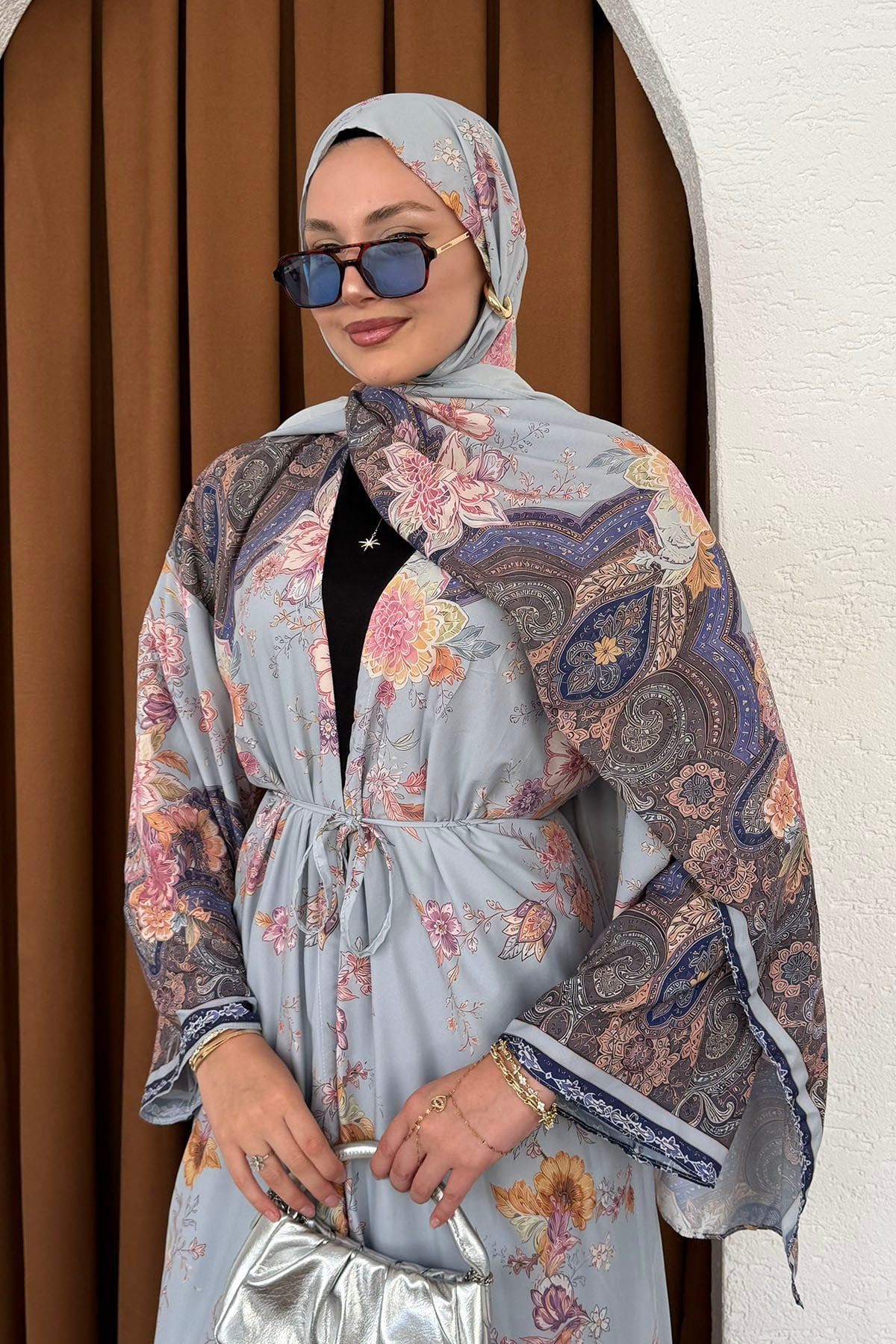 Şallı Fularlı Empirme Desenli Uzun Kimono-MAVİ