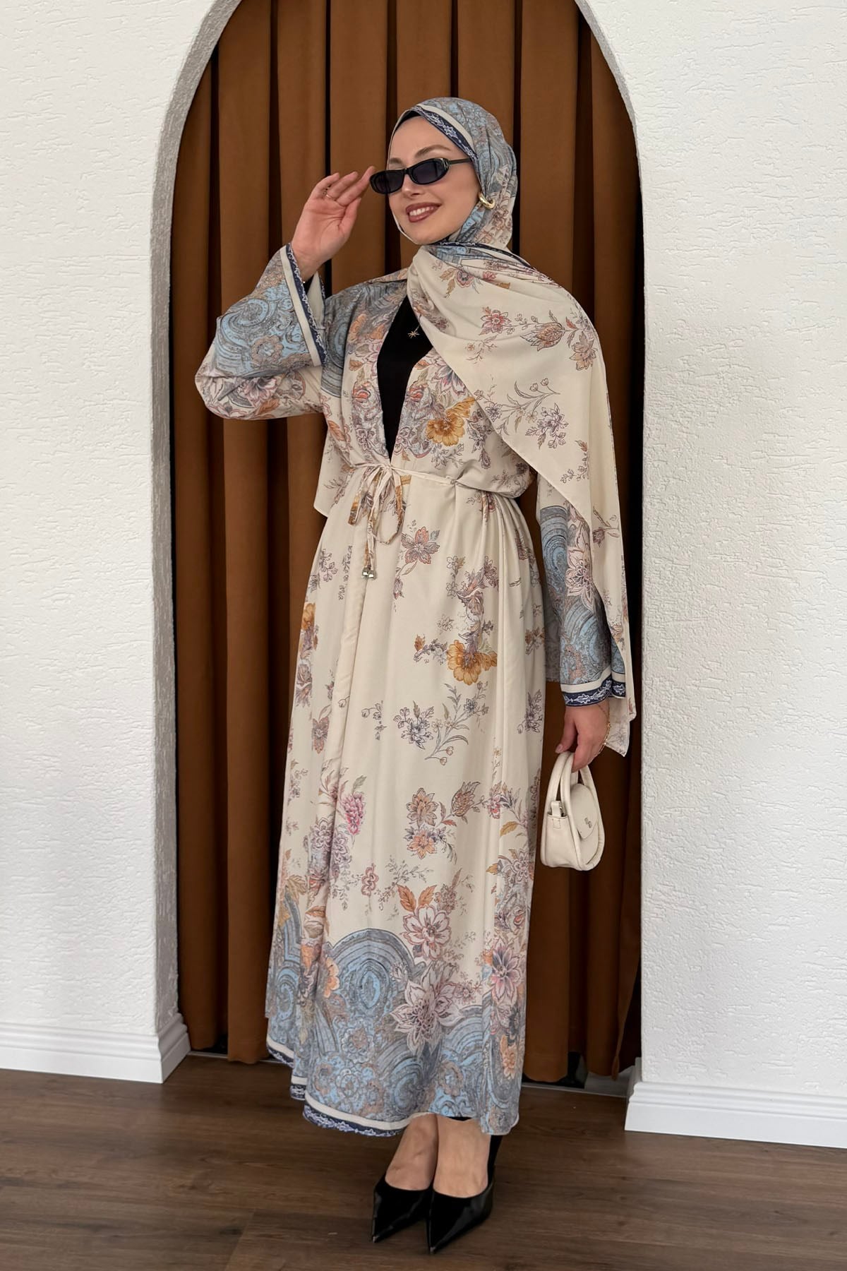 Şallı Fularlı Empirme Desenli Uzun Kimono-TAŞ