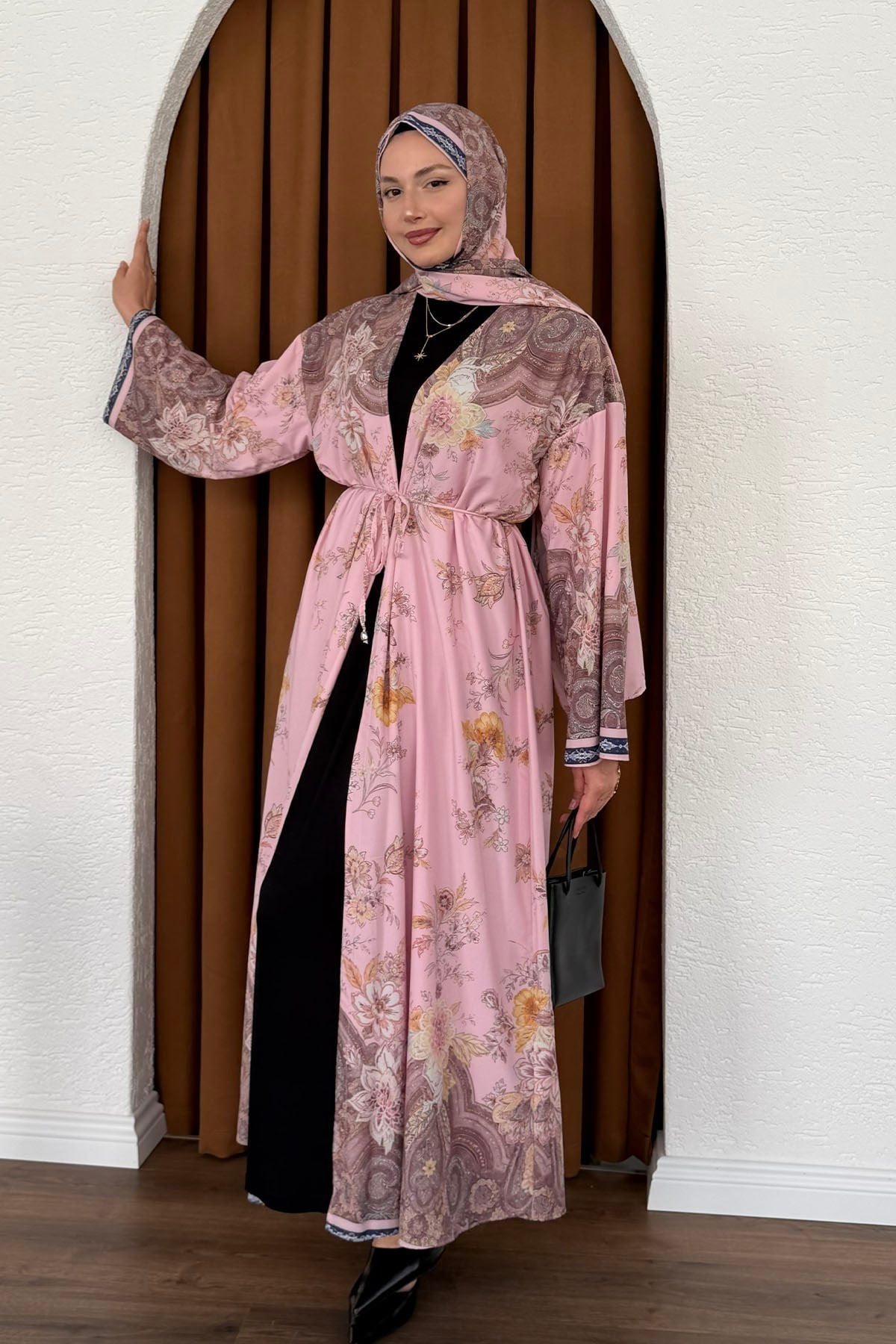Şallı Fularlı Empirme Desenli Uzun Kimono-PEMBE