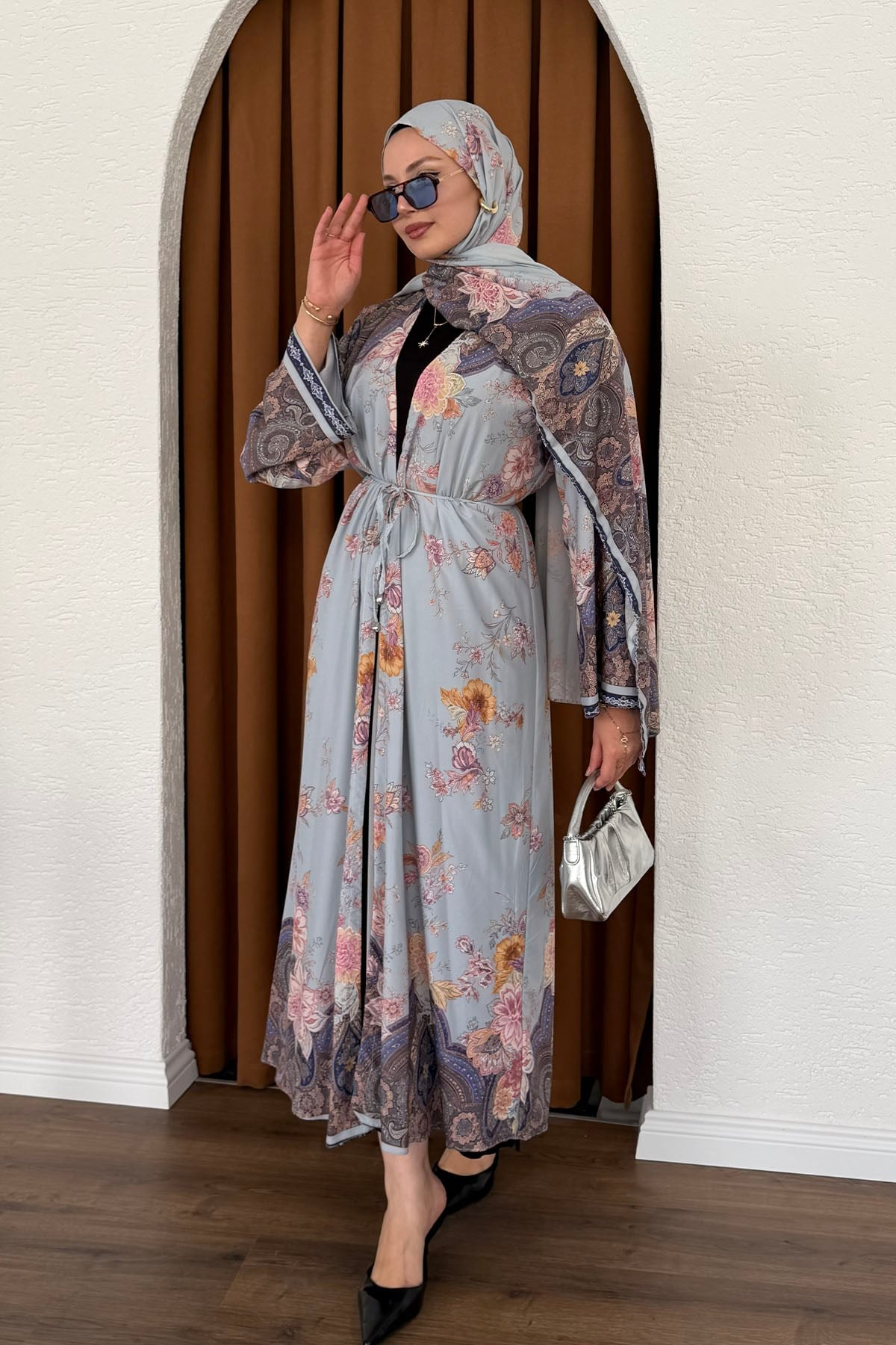Şallı Fularlı Empirme Desenli Uzun Kimono-MAVİ