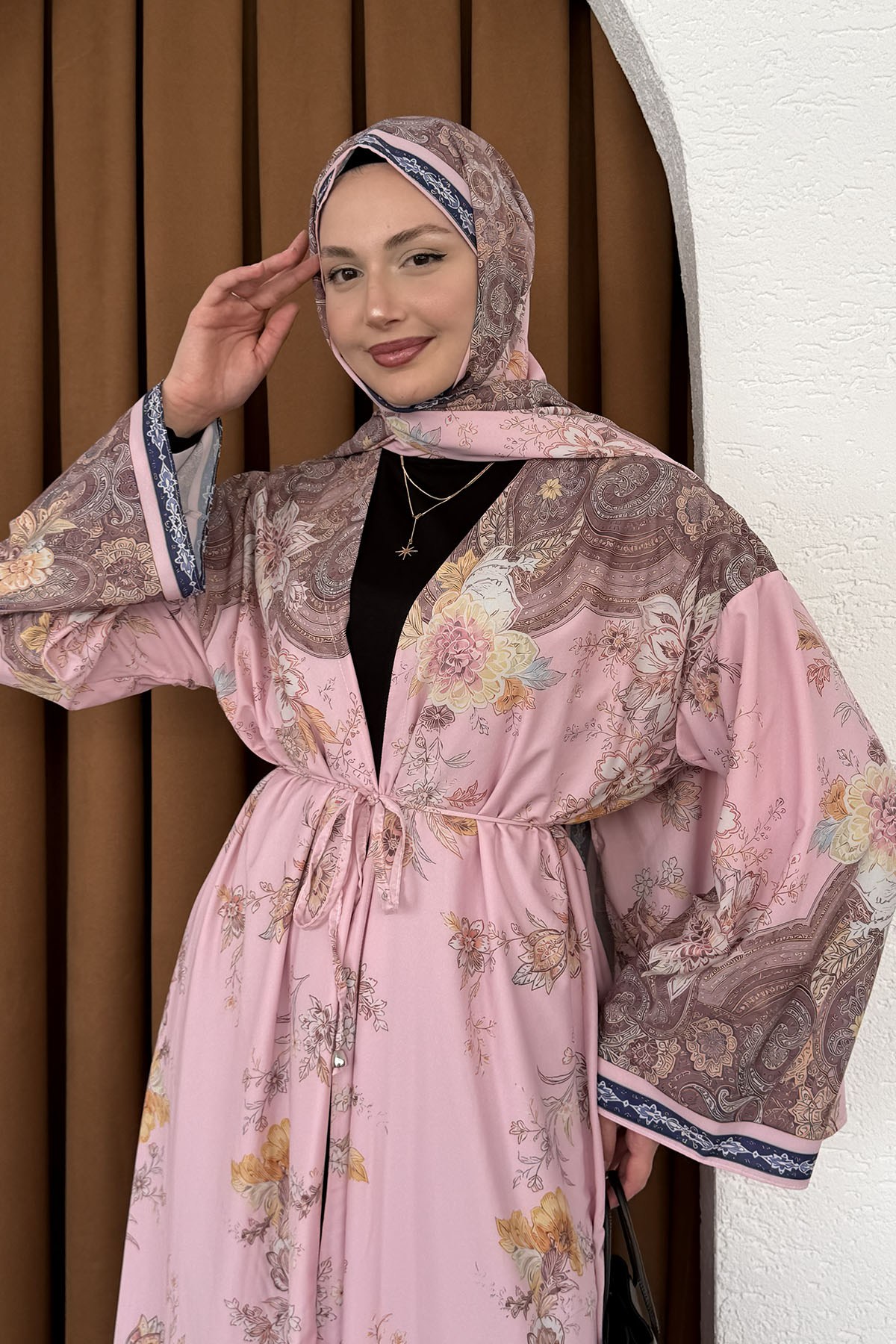 Şallı Fularlı Empirme Desenli Uzun Kimono-PEMBE